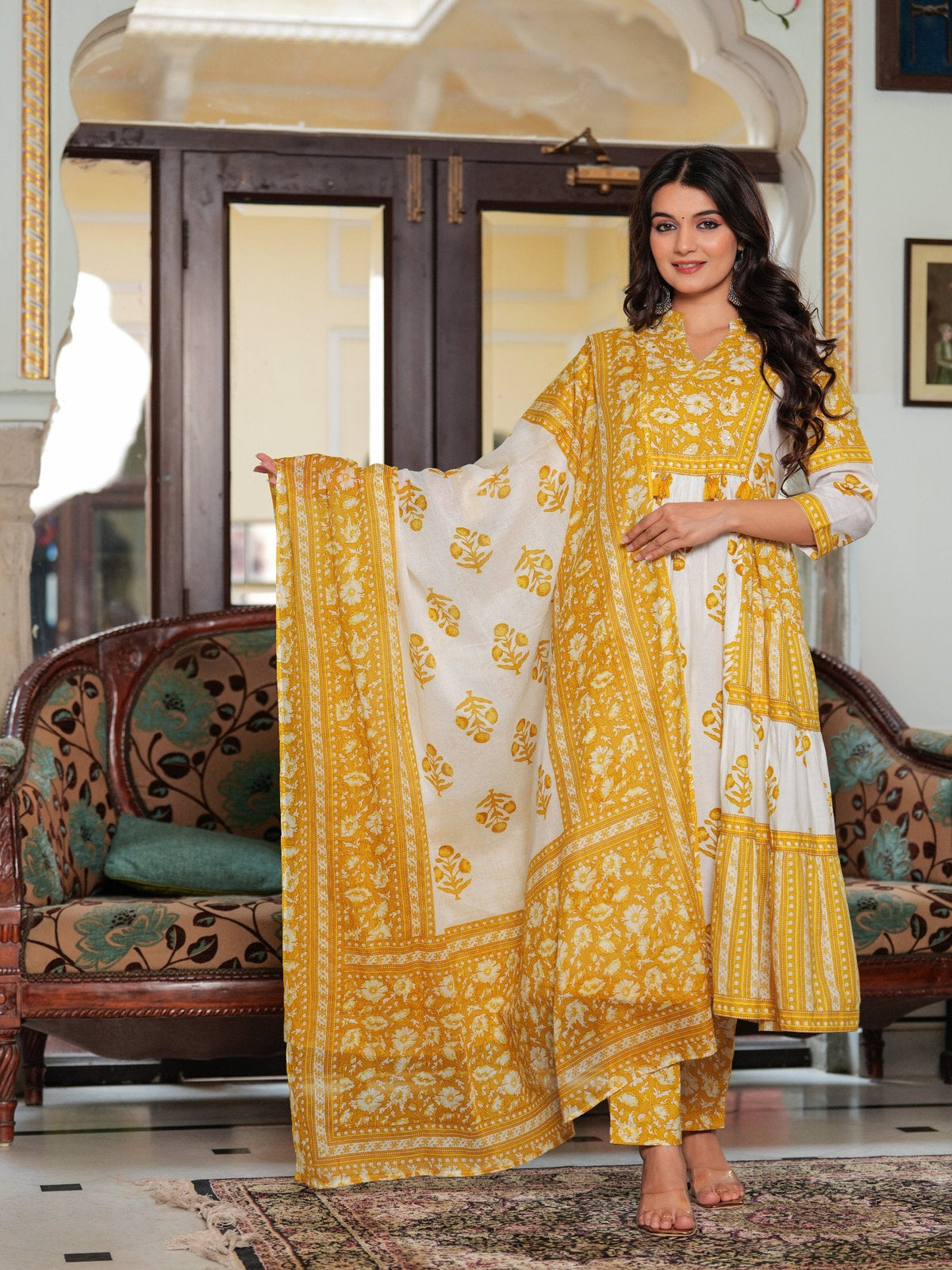 Rangvastra Cotton Floral Printed Sequins Work Kurta Pant with Dupatta Set