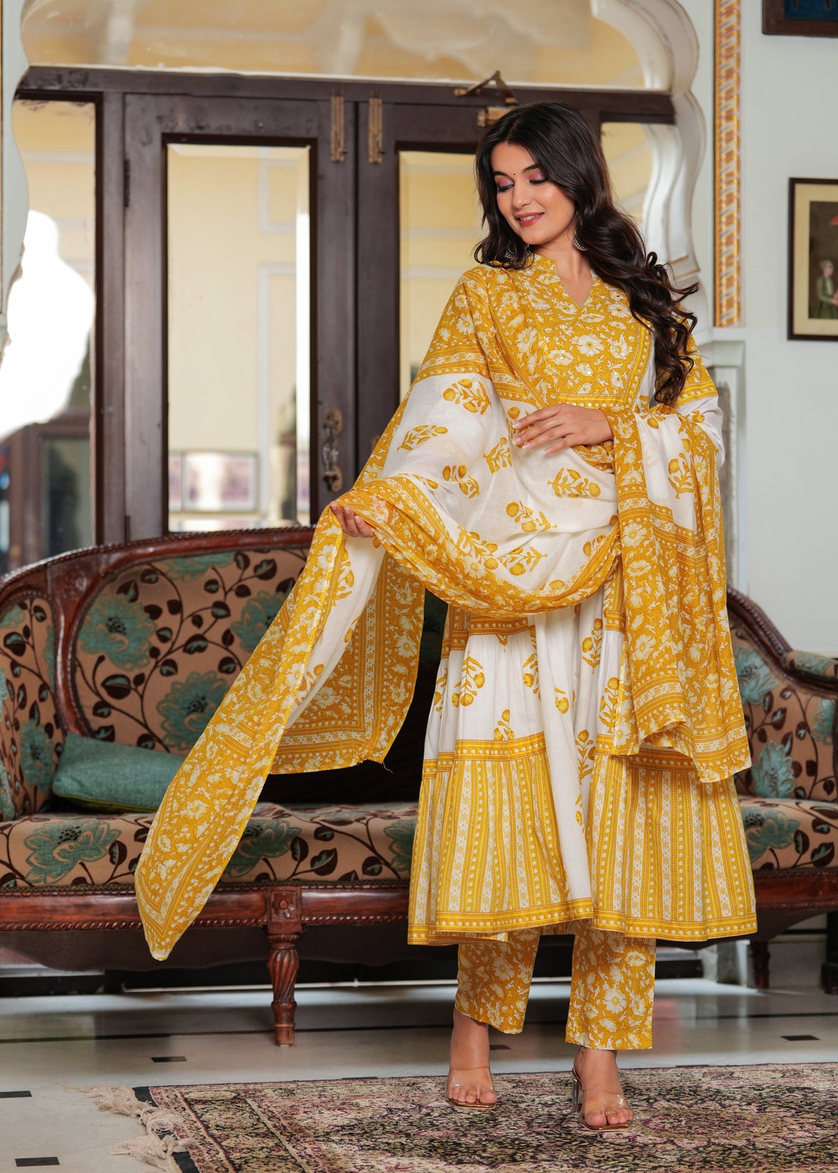 Rangvastra Cotton Floral Printed Sequins Work Kurta Pant with Dupatta Set