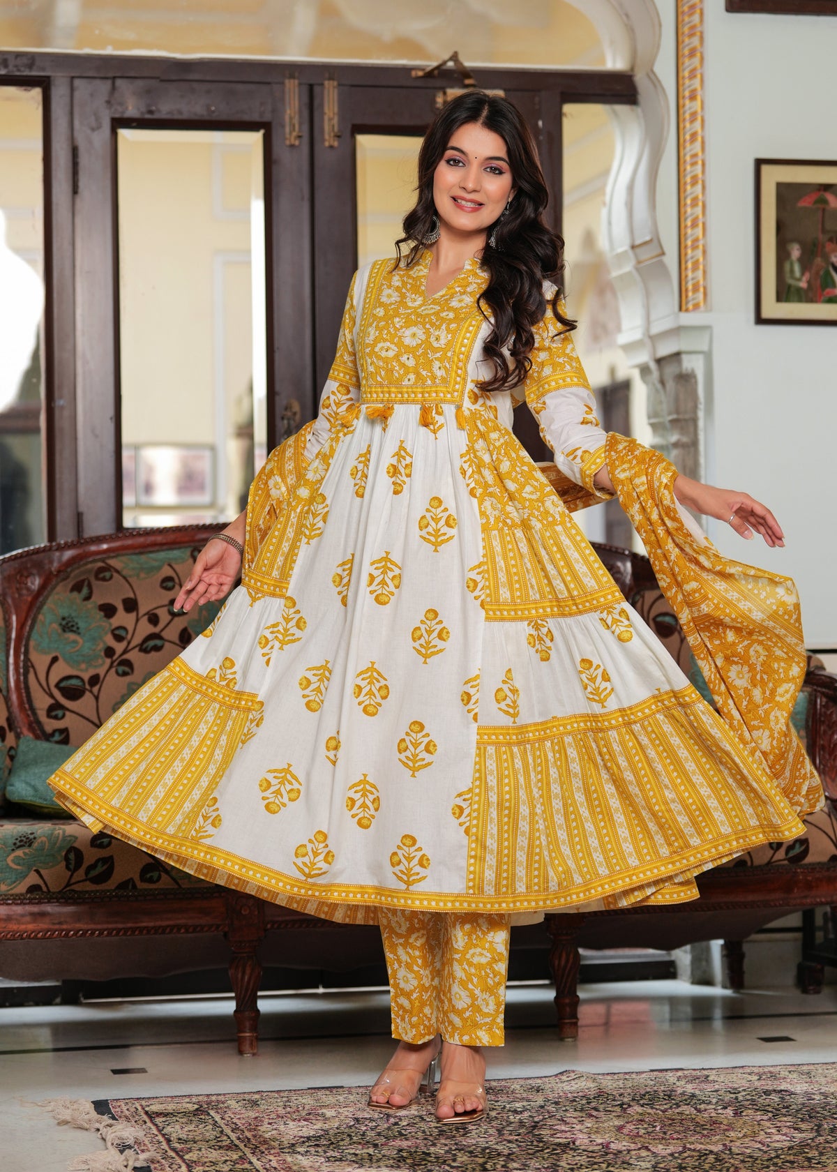 Rangvastra Cotton Floral Printed Sequins Work Kurta Pant with Dupatta Set