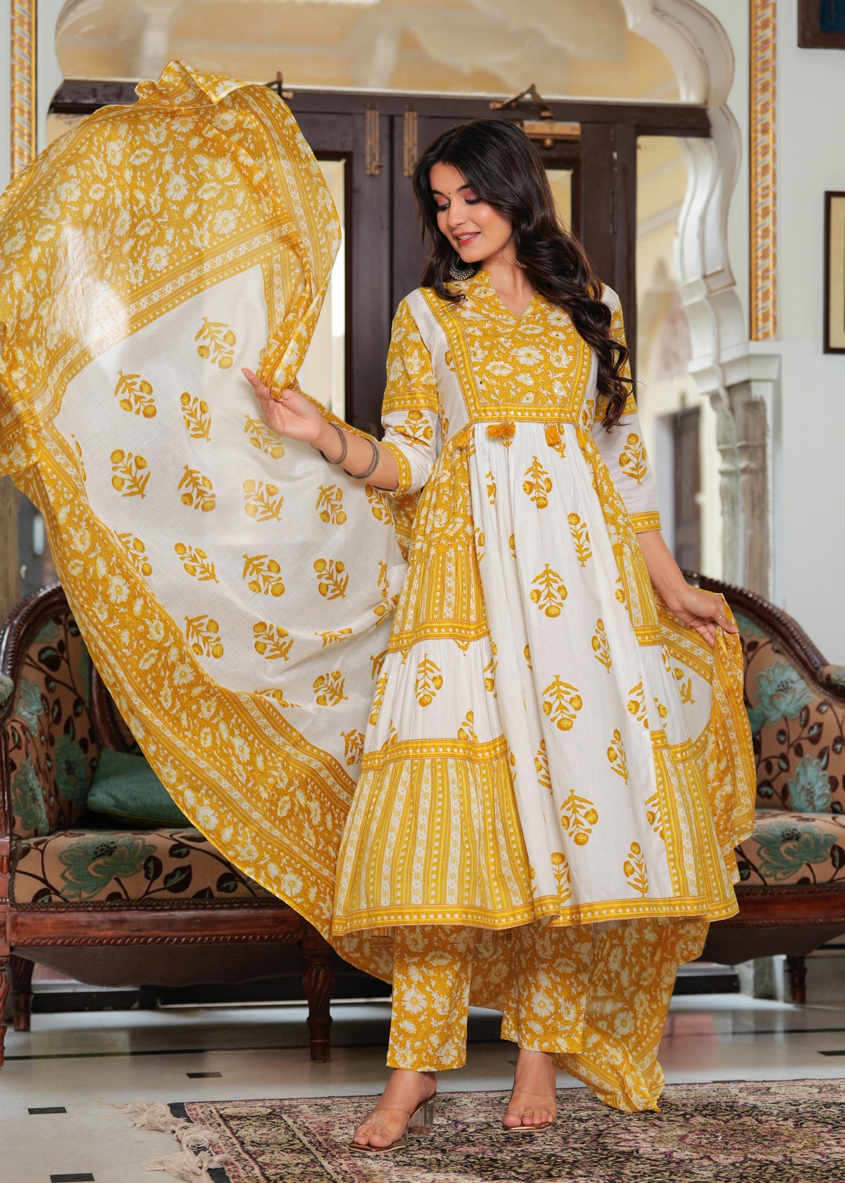 Rangvastra Cotton Floral Printed Sequins Work Kurta Pant with Dupatta Set