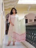 Maluka Women Cotton Printed Hand Work Kurta Pant With Dupatta Set