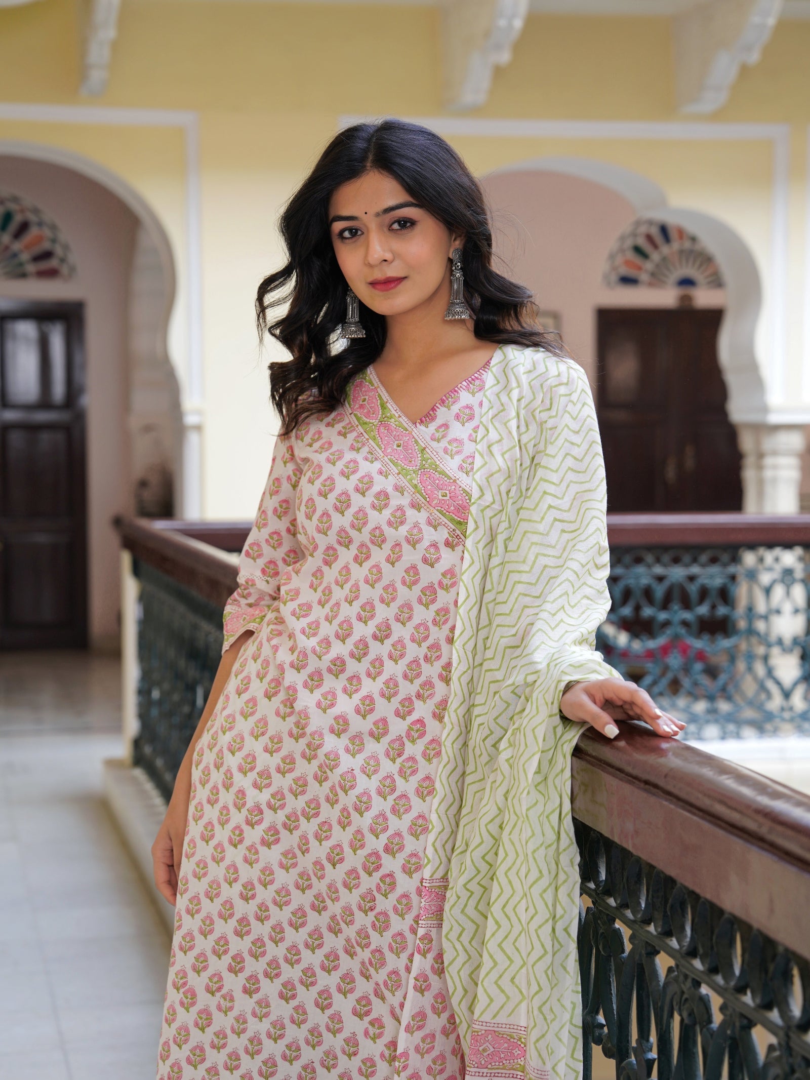Maluka Women Cotton Printed Hand Work Kurta Pant With Dupatta Set