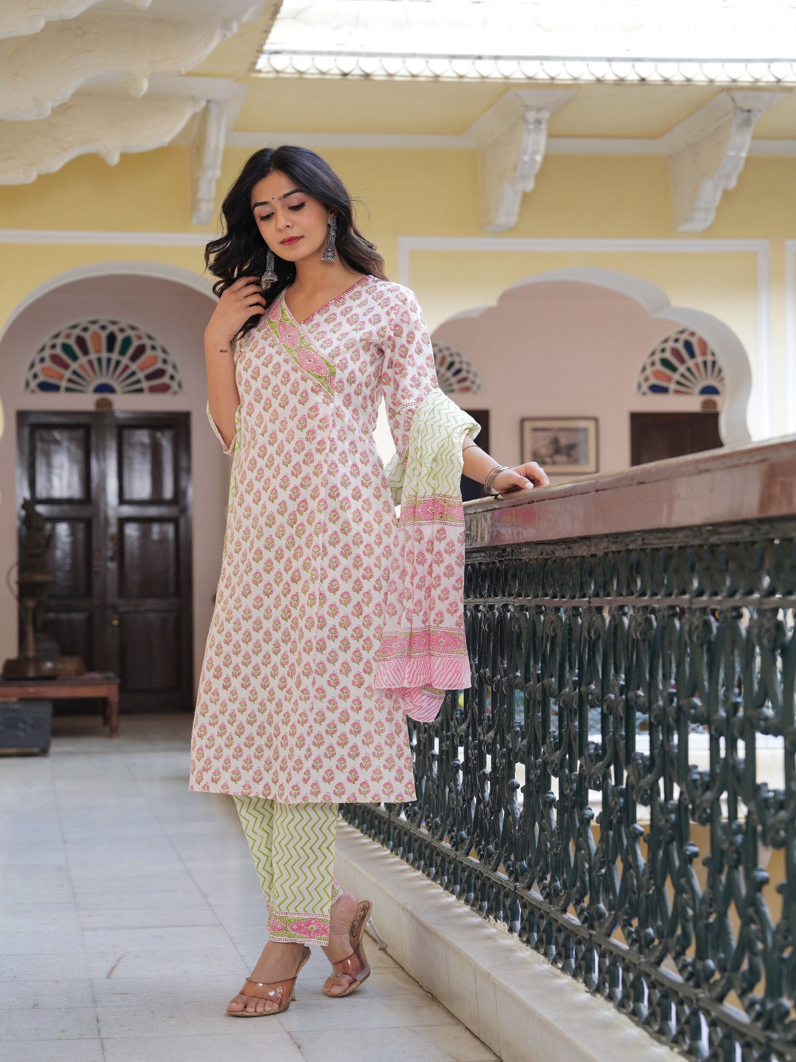 Maluka Women Cotton Printed Hand Work Kurta Pant With Dupatta Set
