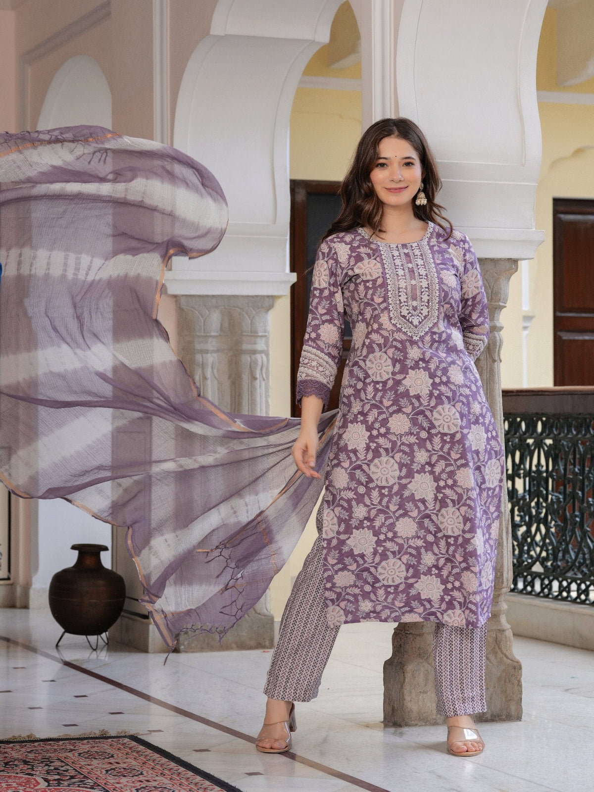 Rangvastra  MODAL CHANDERI FLORAL PRINT KURTA PANT WITH DUPATTA SET