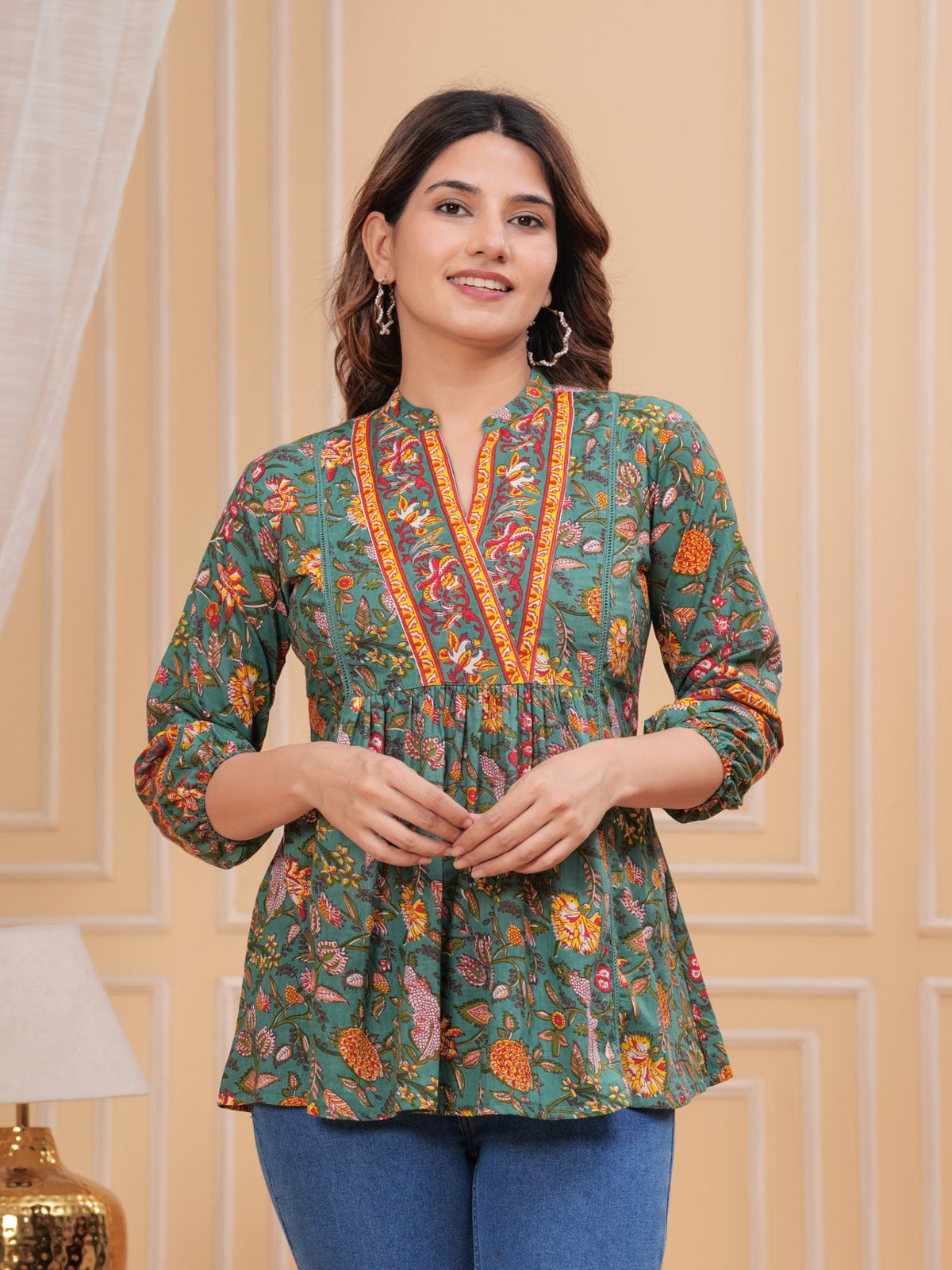 Rangvastra Dark Green & Rose Gold Floral Cotton Top