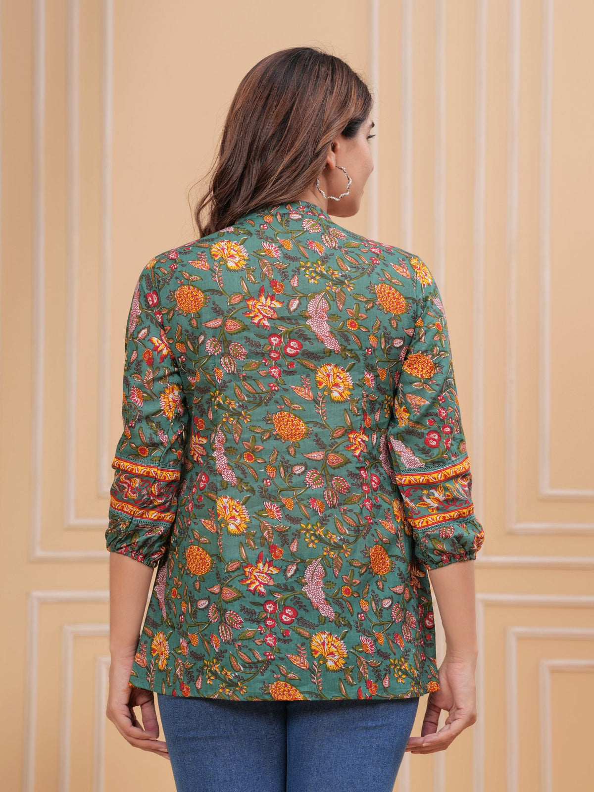 Rangvastra Dark Green & Rose Gold Floral Cotton Top