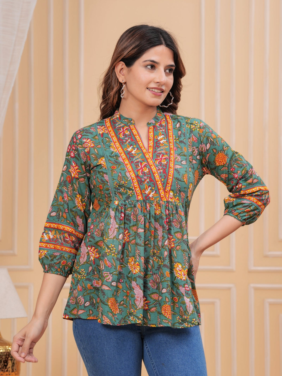 Rangvastra Dark Green & Rose Gold Floral Cotton Top