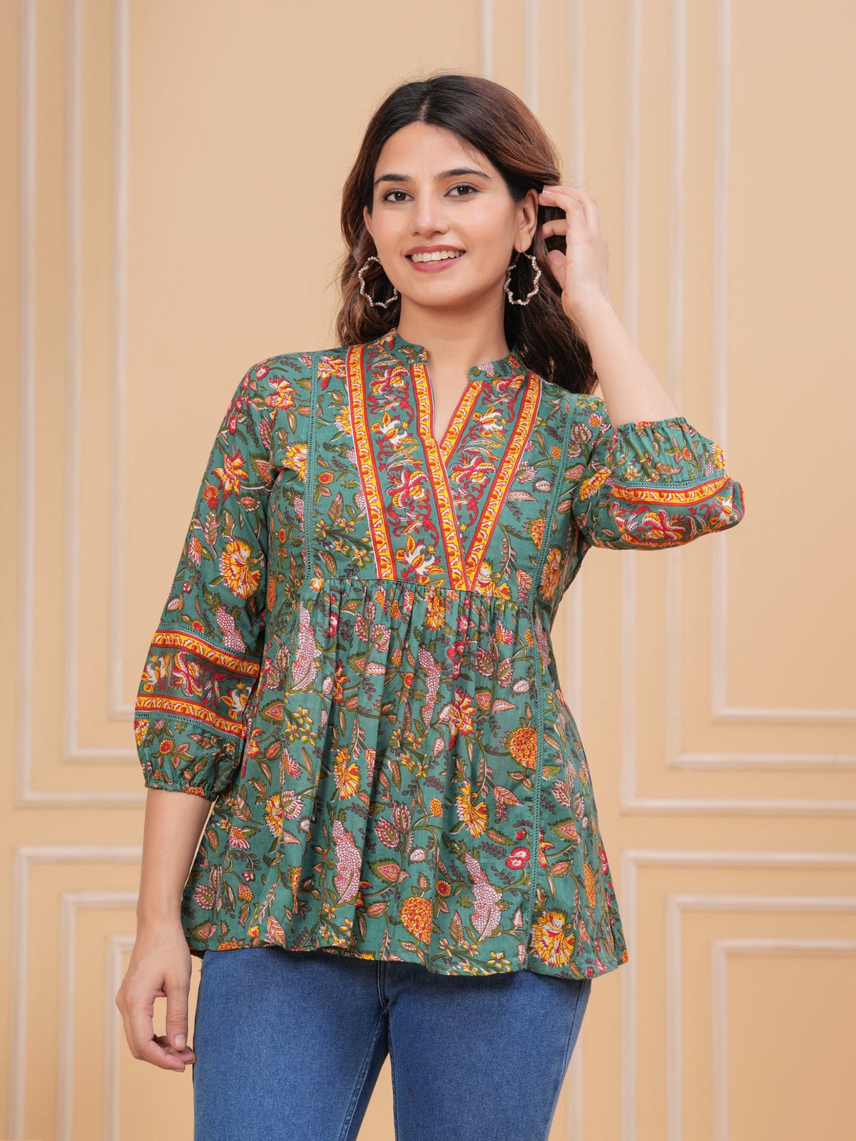 Rangvastra Dark Green & Rose Gold Floral Cotton Top