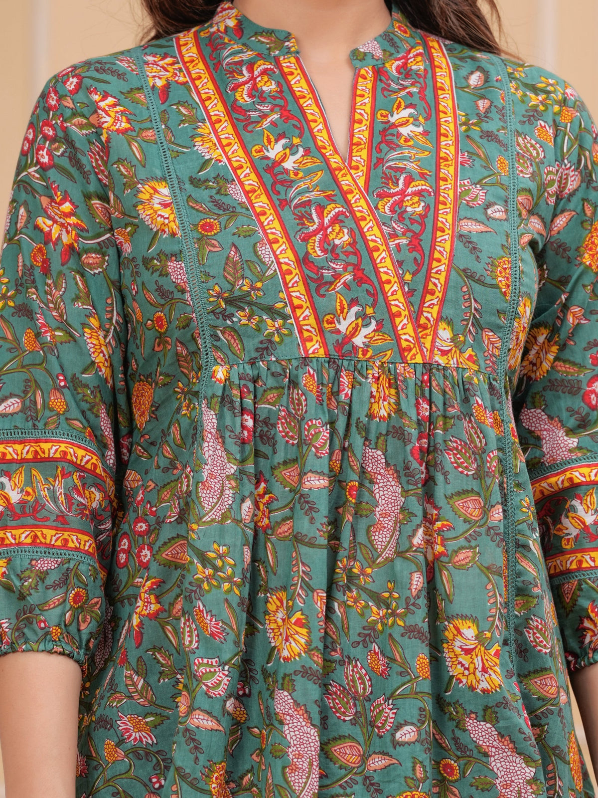 Rangvastra Dark Green & Rose Gold Floral Cotton Top