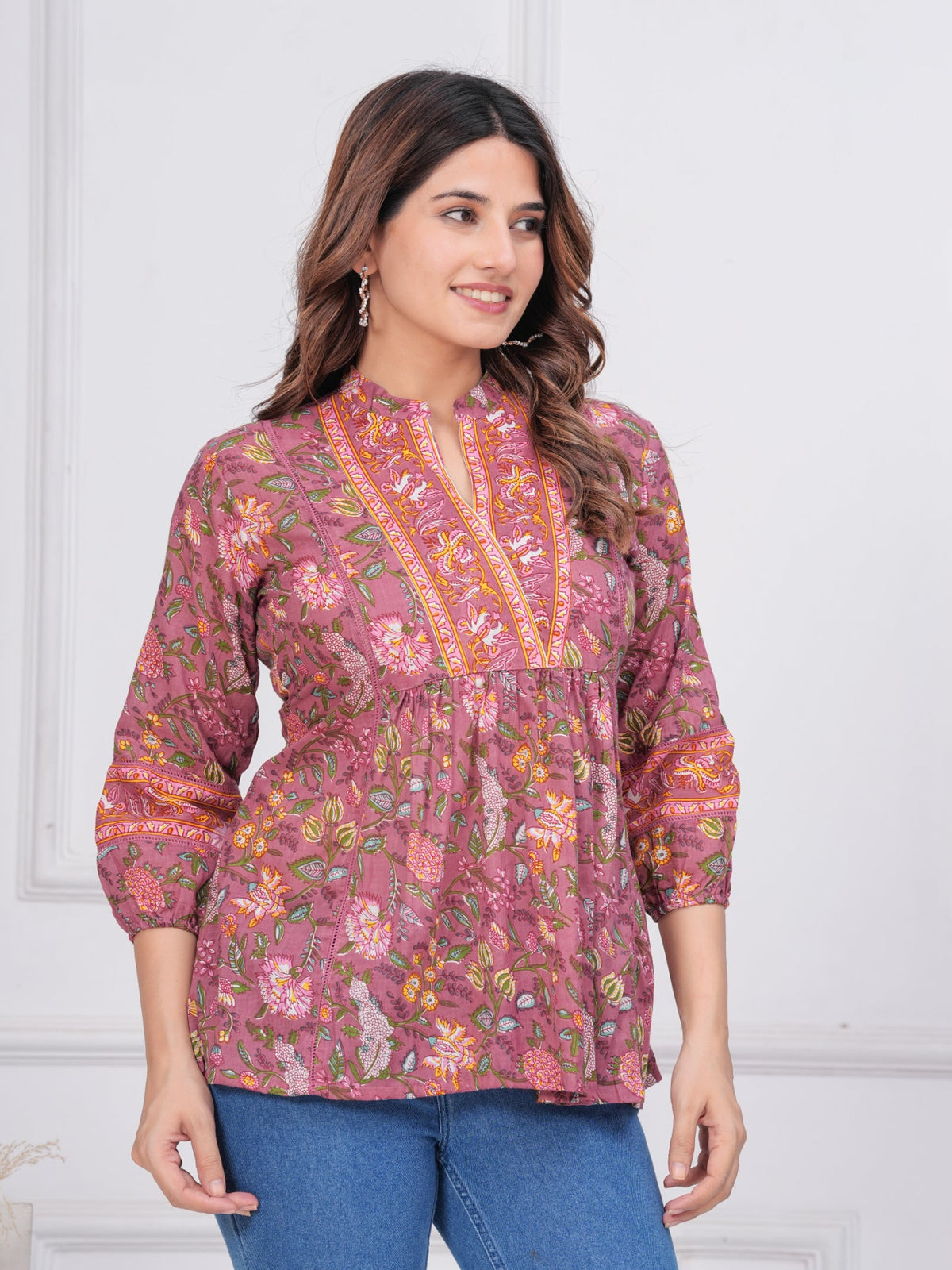 Rangvastra Dark Green & Rose Gold Floral Cotton Top