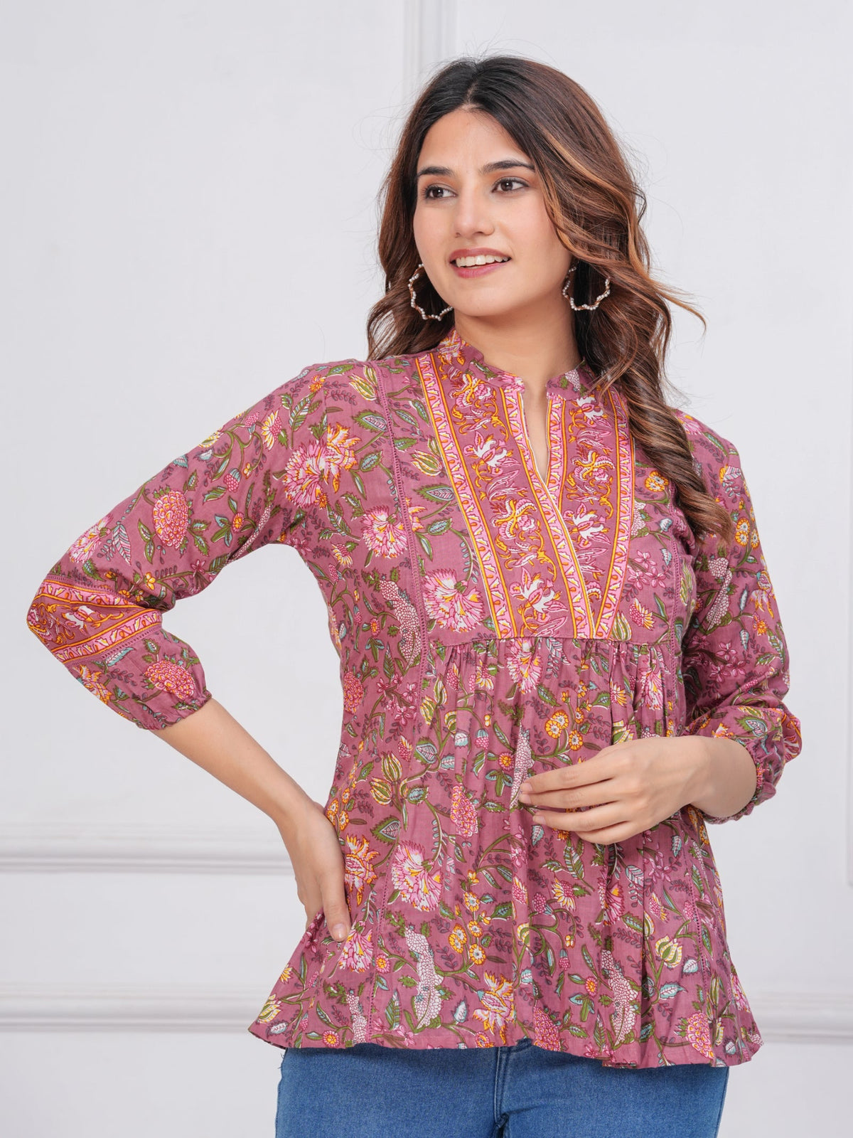 Rangvastra Dark Green & Rose Gold Floral Cotton Top