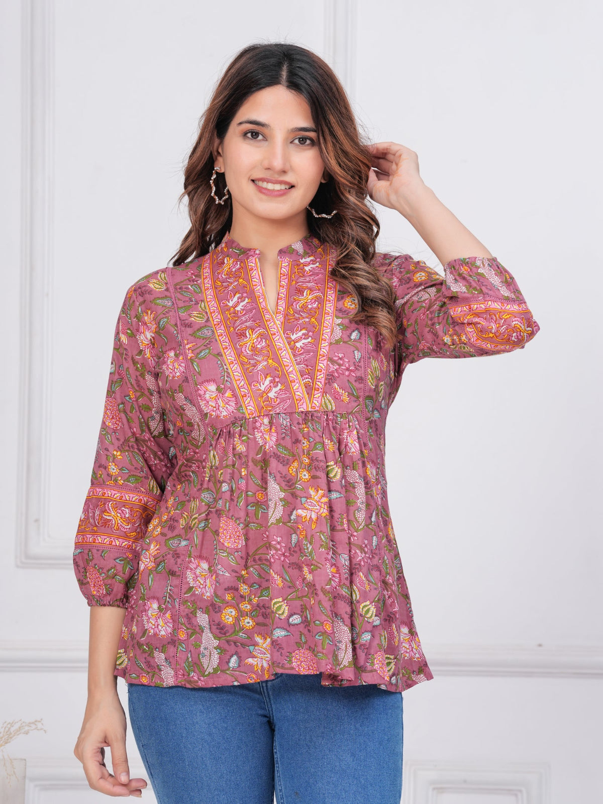 Rangvastra Dark Green & Rose Gold Floral Cotton Top