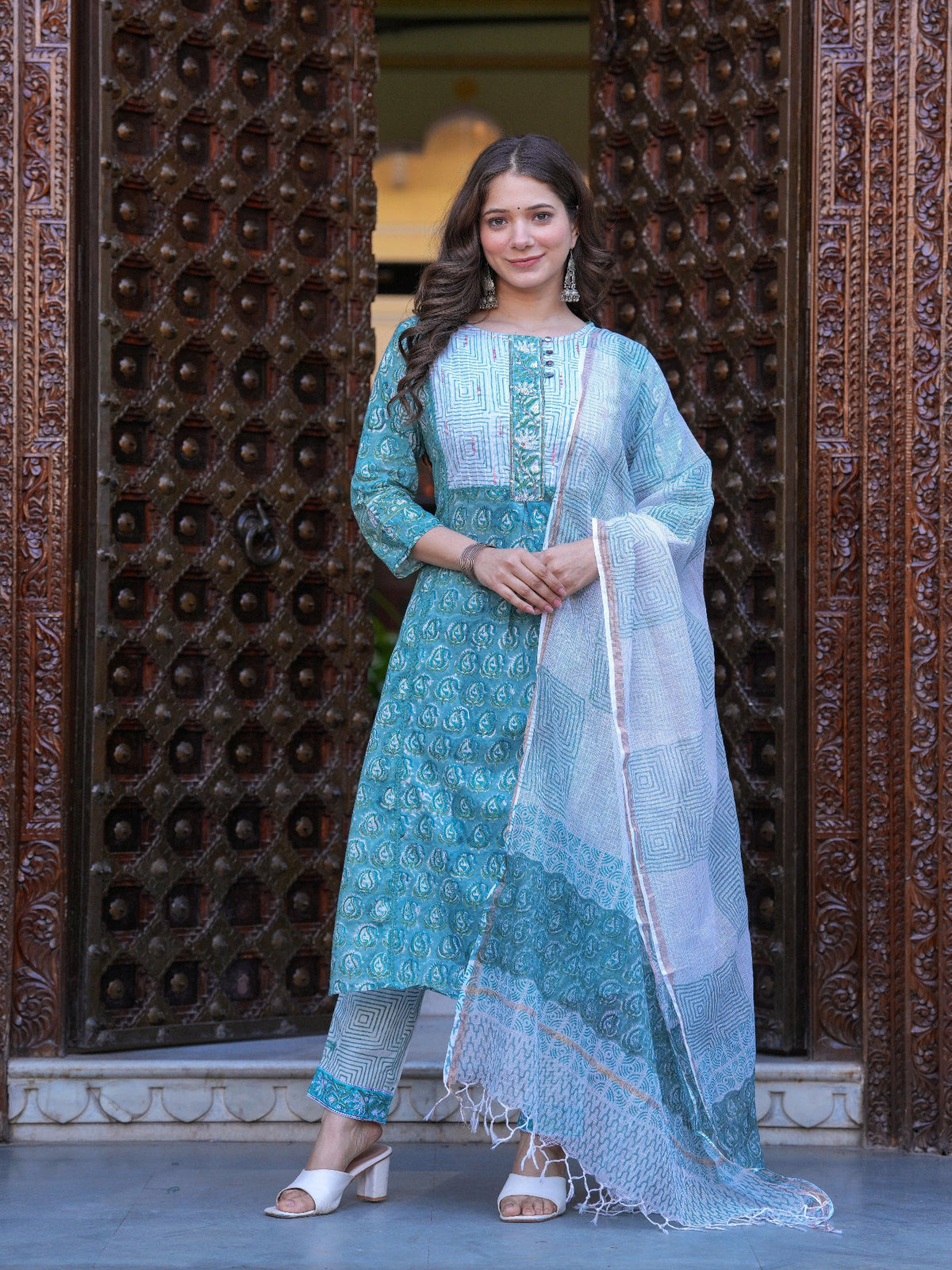 Rangvastra Cotton Printed Hand Block Kurta Pant With Dupatta Set