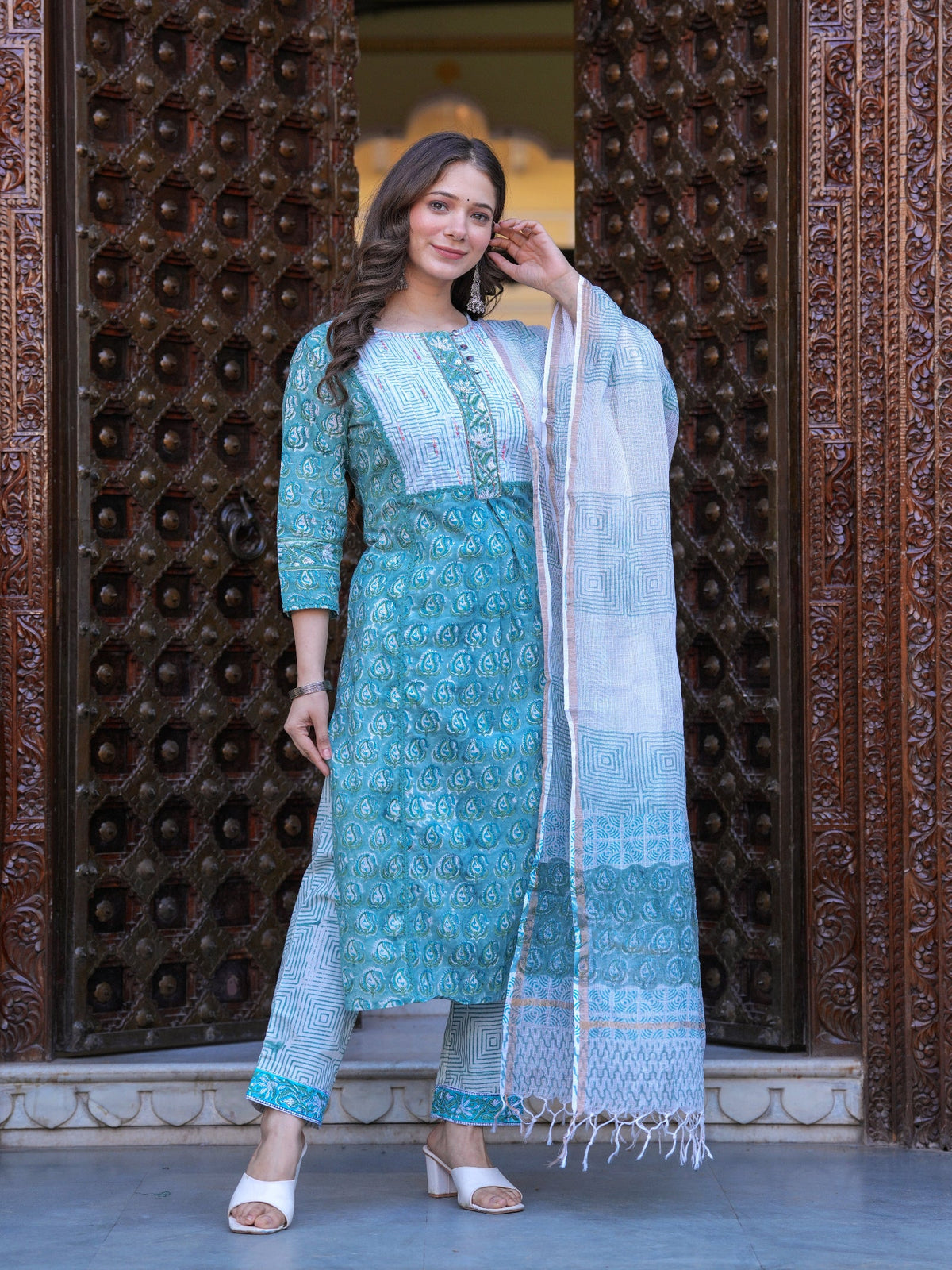 Rangvastra Cotton Printed Hand Block Kurta Pant With Dupatta Set