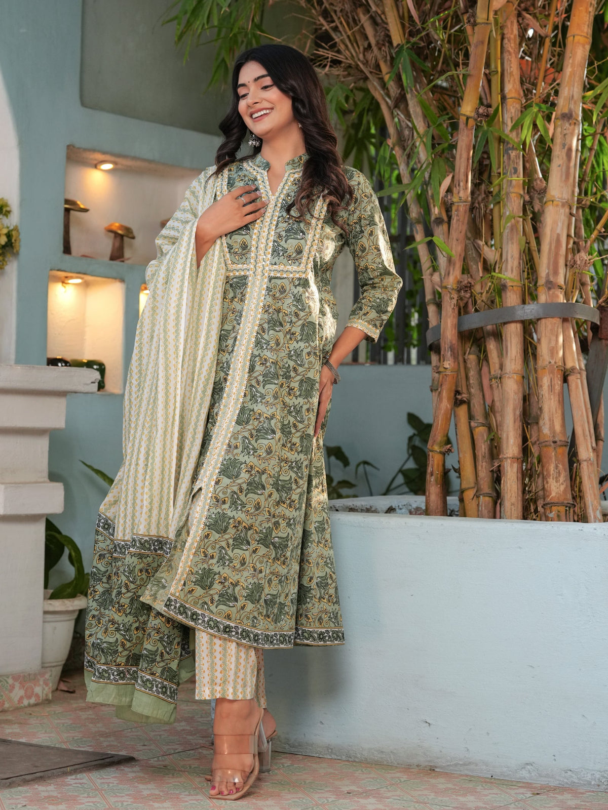 Rangvastra Green & Pink Floral Cotton Kurta Set with Dupatta