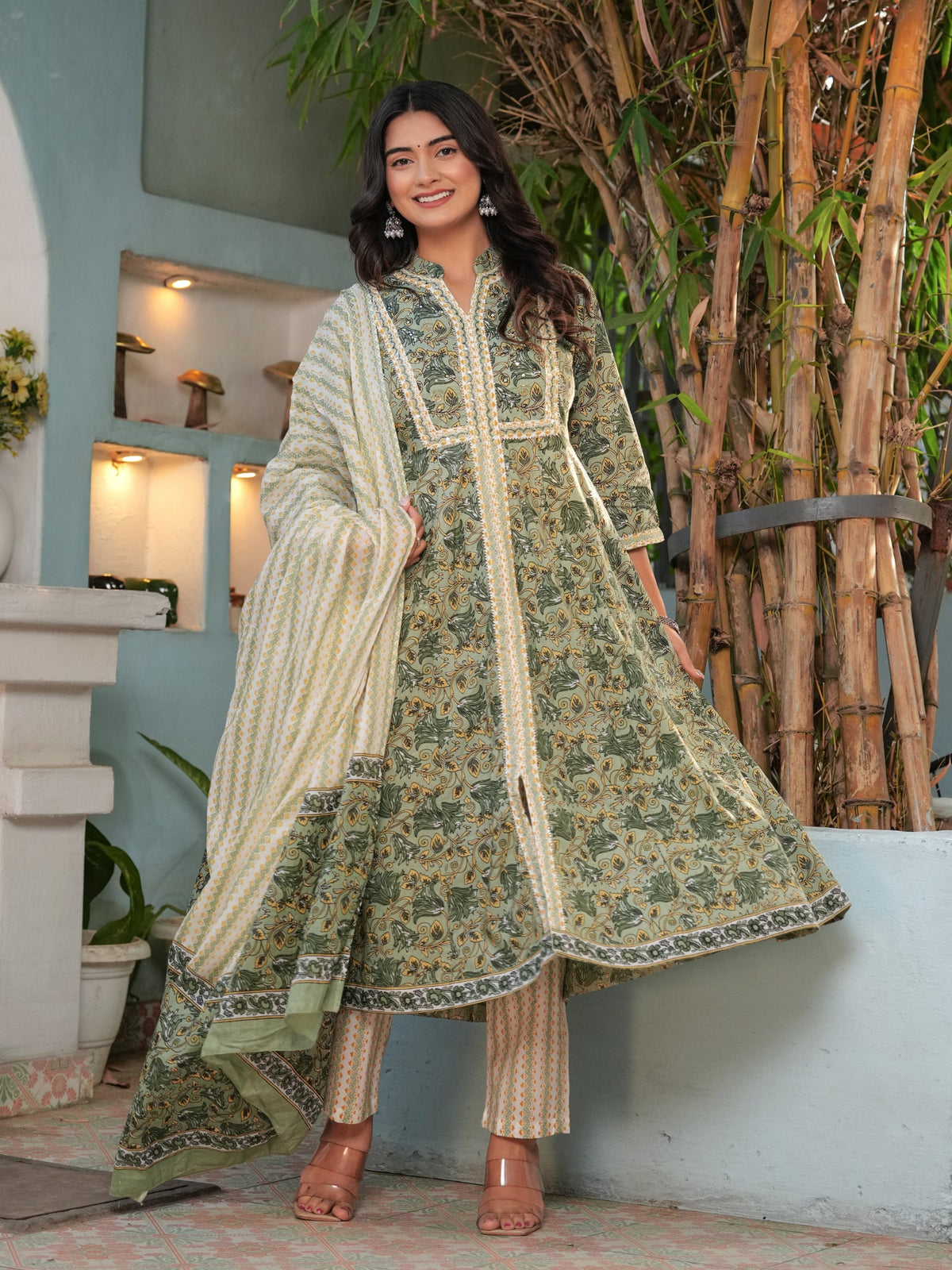 Rangvastra Green & Pink Floral Cotton Kurta Set with Dupatta