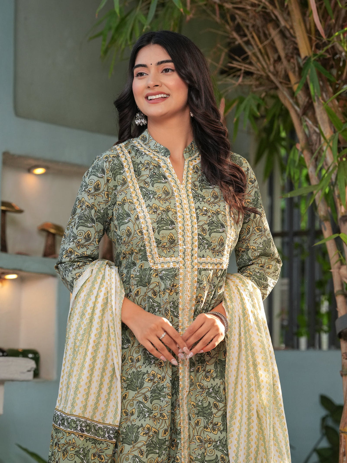 Rangvastra Green & Pink Floral Cotton Kurta Set with Dupatta