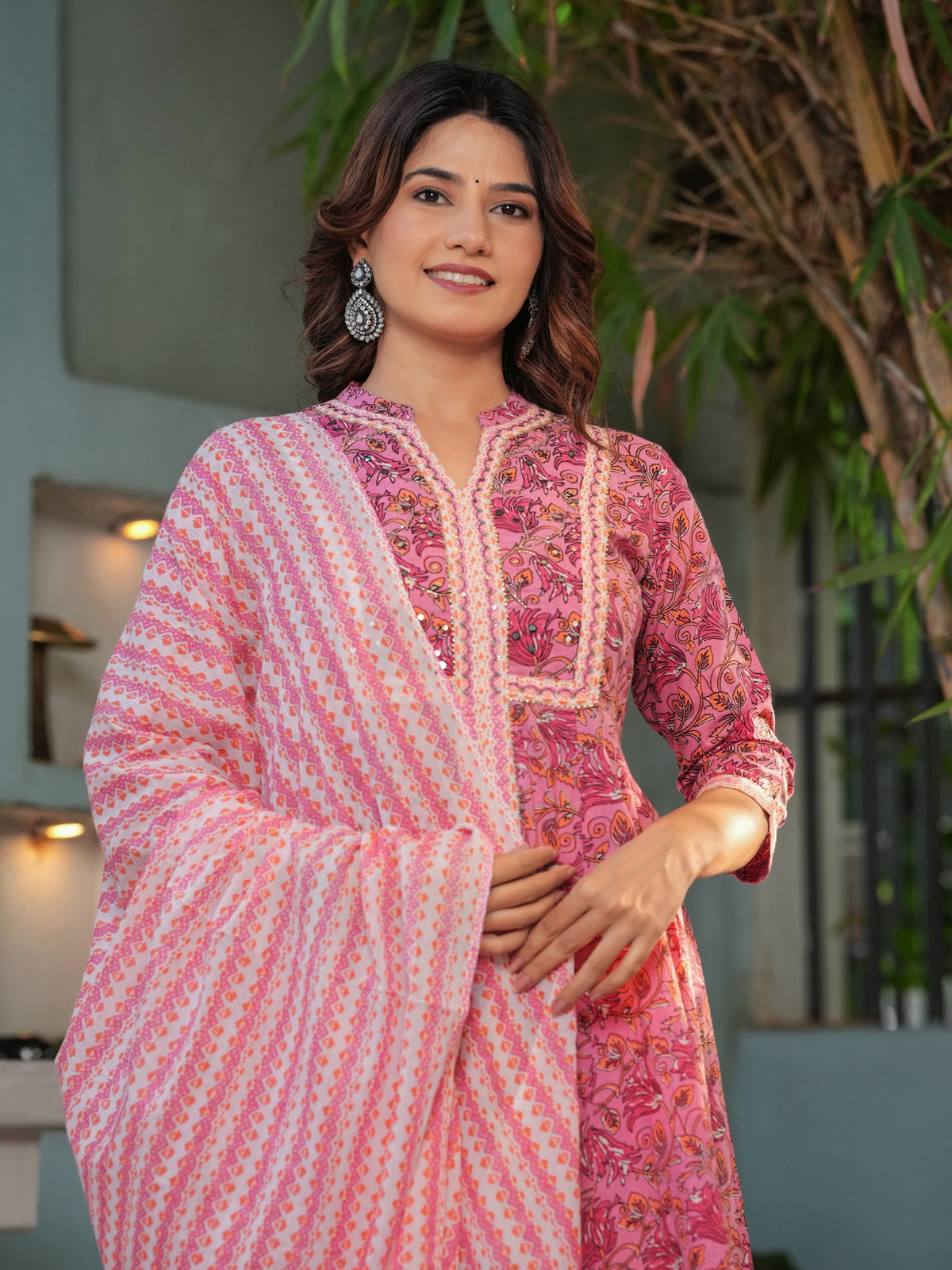 Rangvastra Green & Pink Floral Cotton Kurta Set with Dupatta