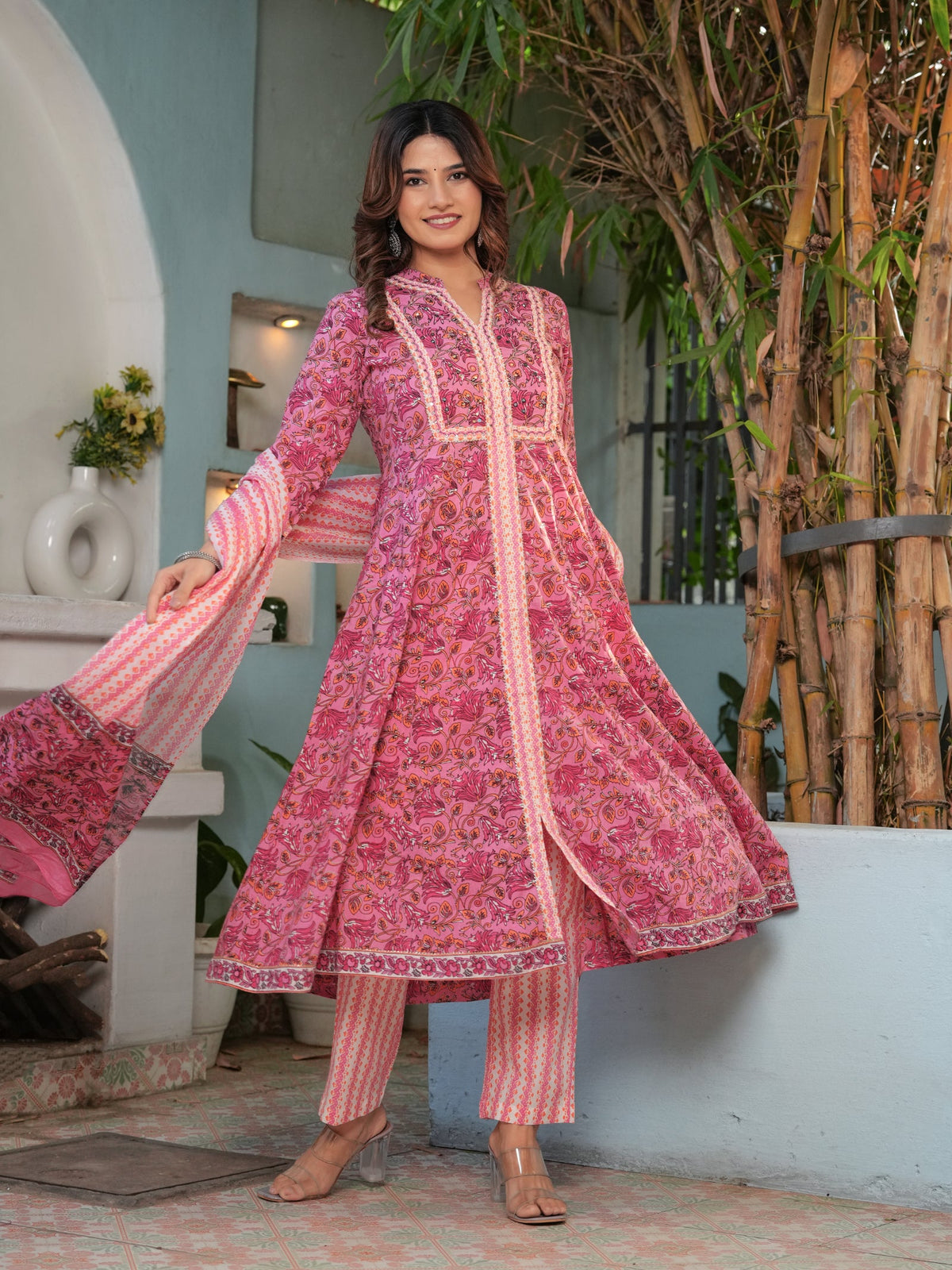 Rangvastra Green & Pink Floral Cotton Kurta Set with Dupatta