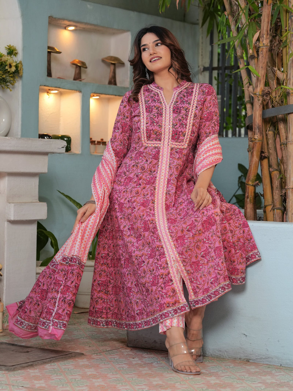 Rangvastra Green & Pink Floral Cotton Kurta Set with Dupatta