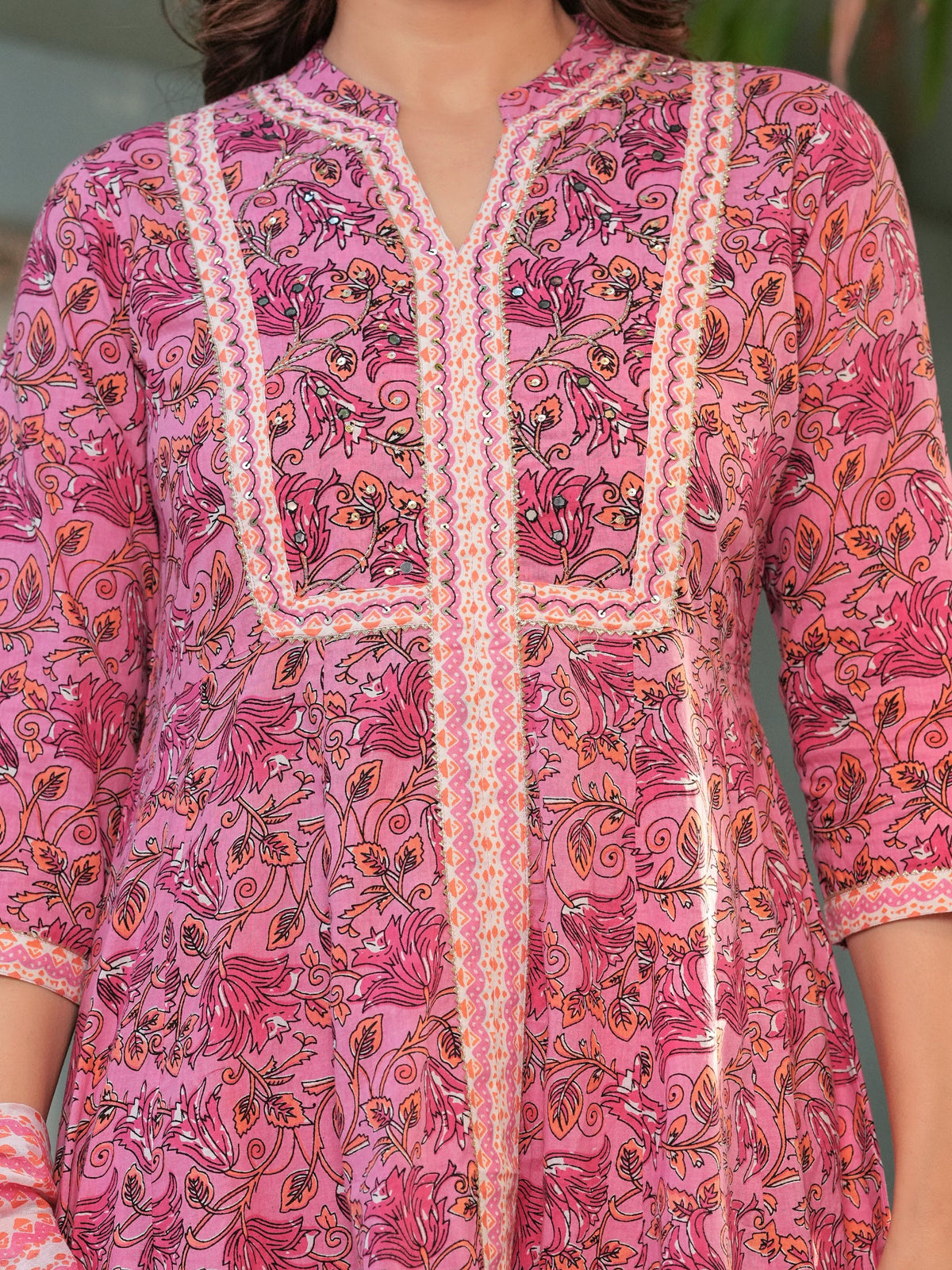 Rangvastra Green & Pink Floral Cotton Kurta Set with Dupatta