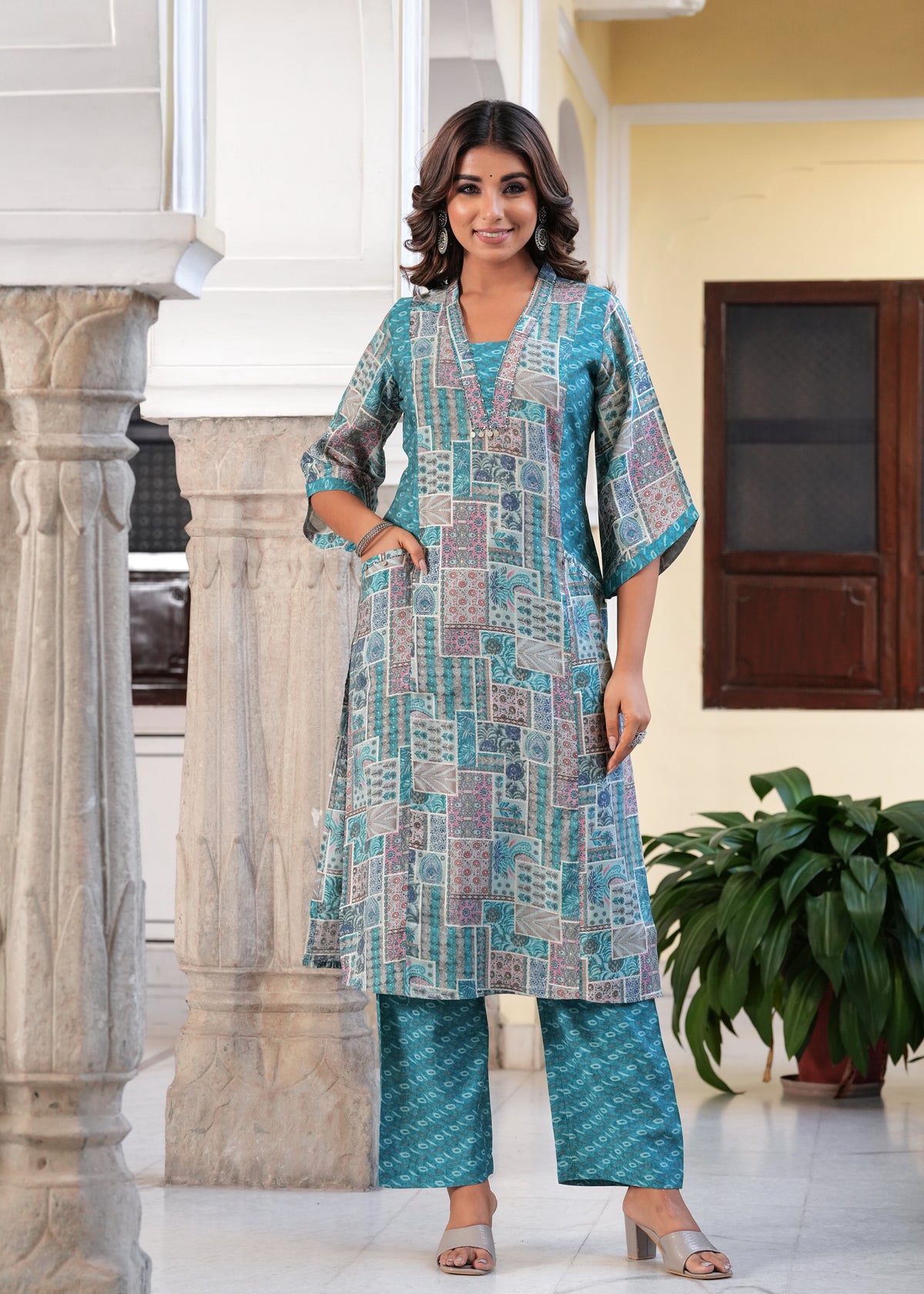 Rangvastra Maroon & Light Blue Ethnic Motif Modal Chanderi Kurta Set