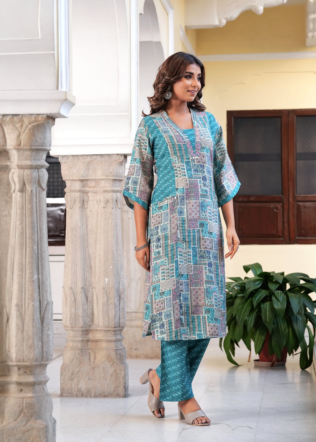 Rangvastra Maroon & Light Blue Ethnic Motif Modal Chanderi Kurta Set