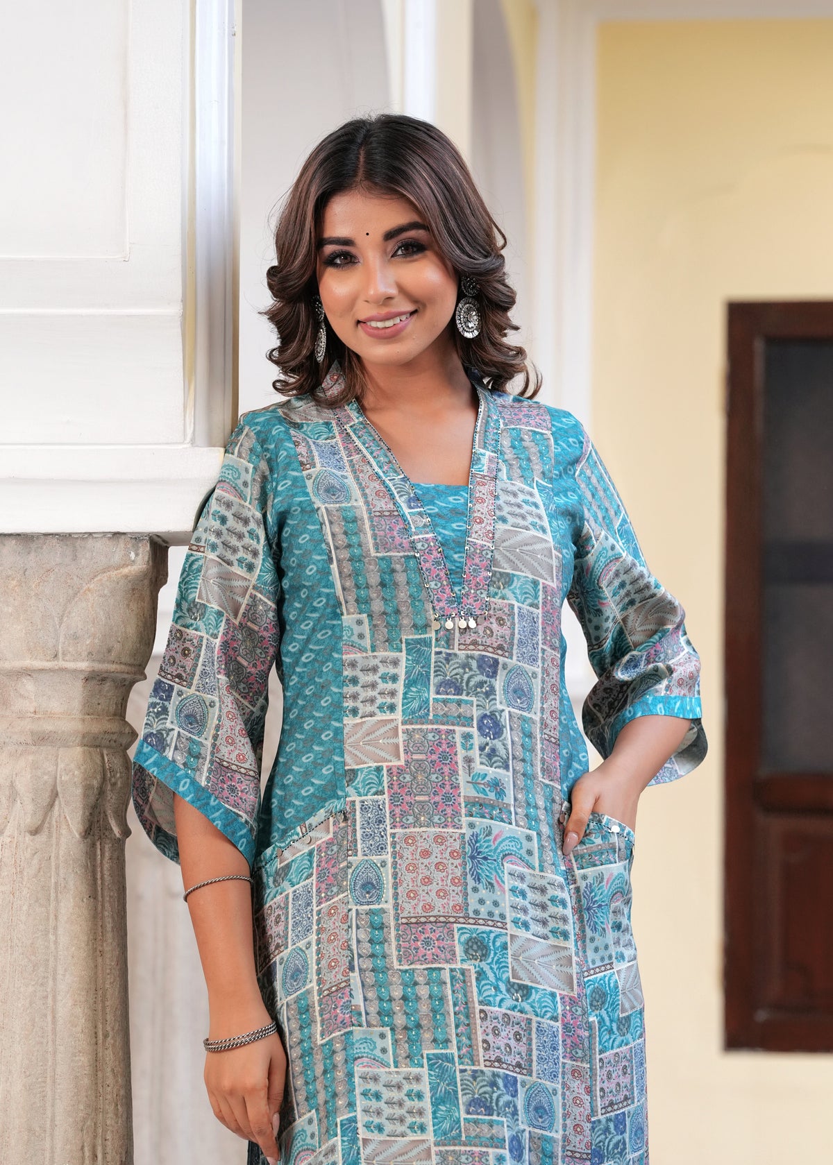 Rangvastra Maroon & Light Blue Ethnic Motif Modal Chanderi Kurta Set