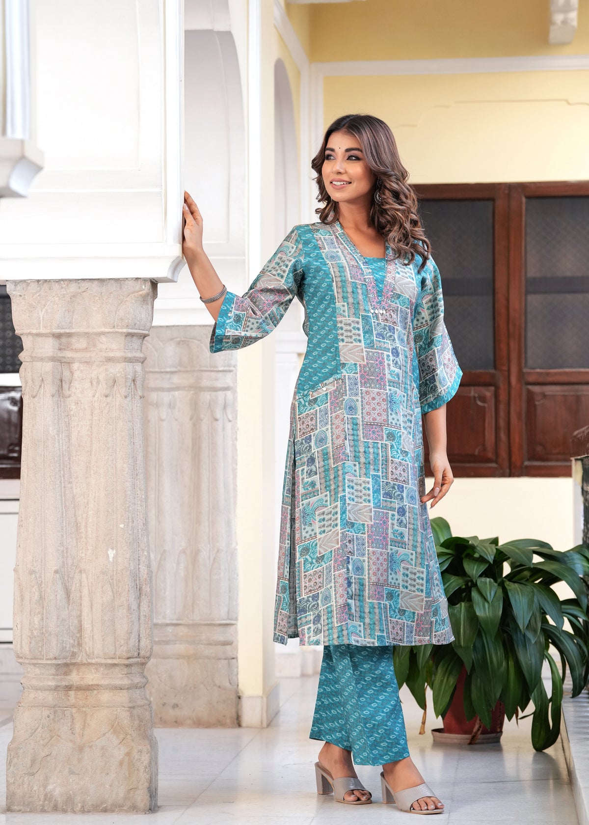 Rangvastra Maroon & Light Blue Ethnic Motif Modal Chanderi Kurta Set