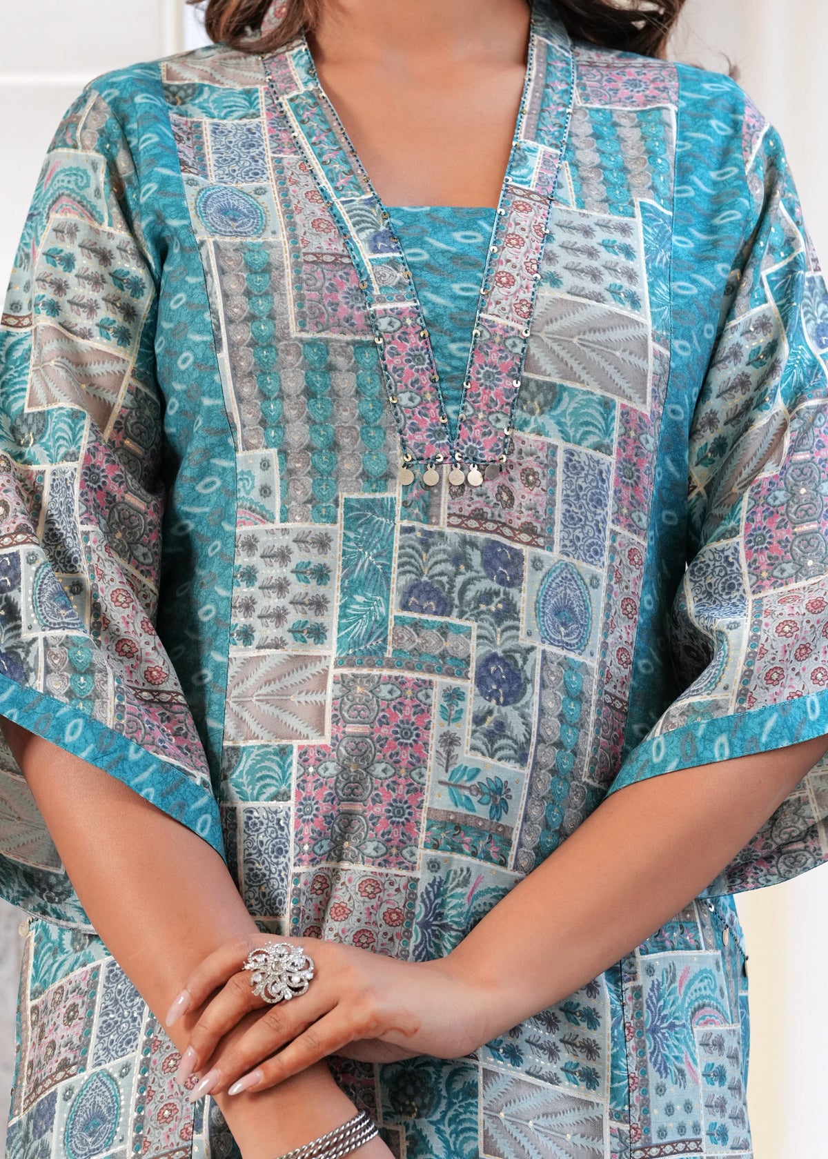 Rangvastra Maroon & Light Blue Ethnic Motif Modal Chanderi Kurta Set