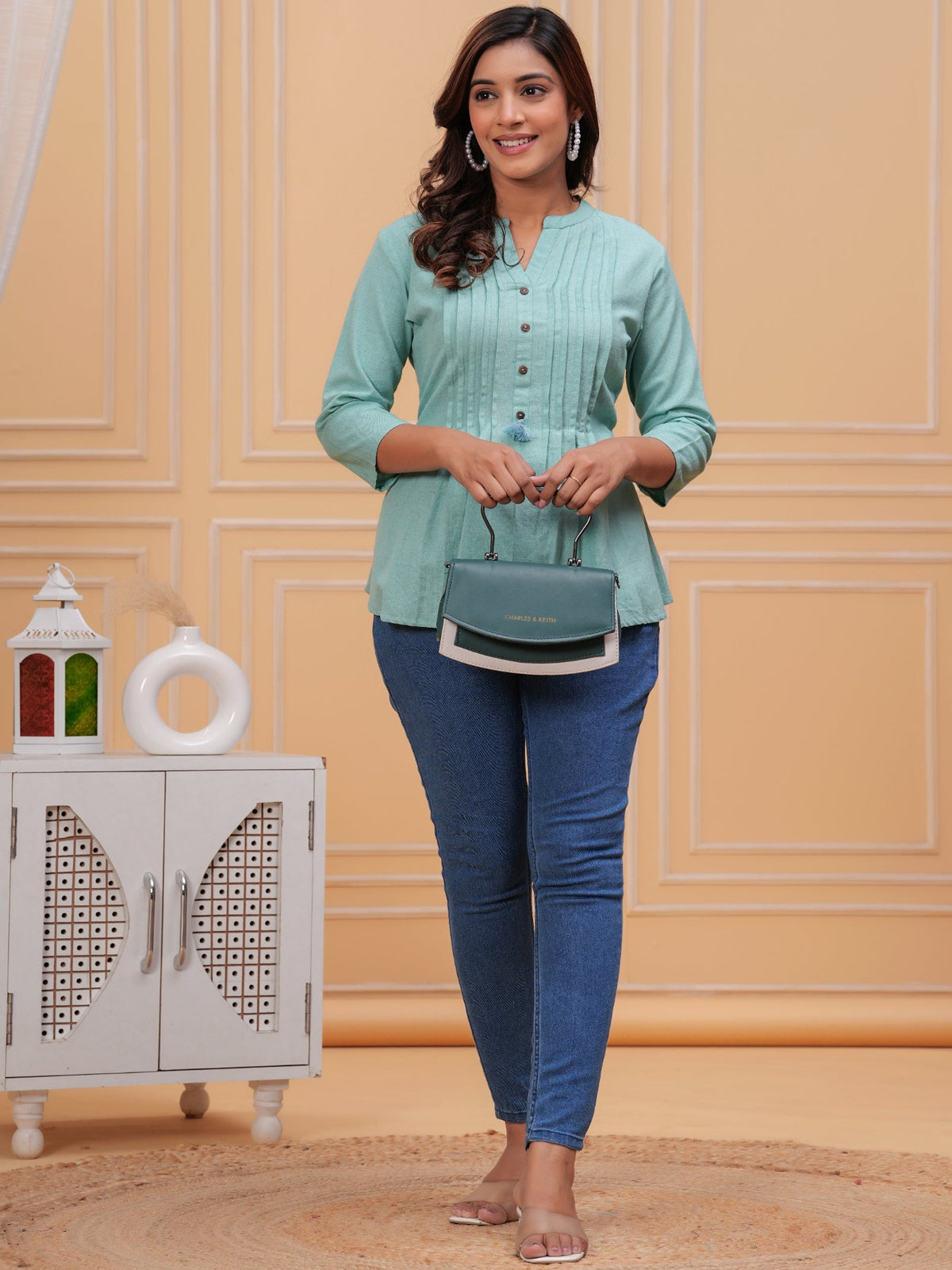 Rangvastra Sky Blue, Turquoise & Pink Cotton Flex Top