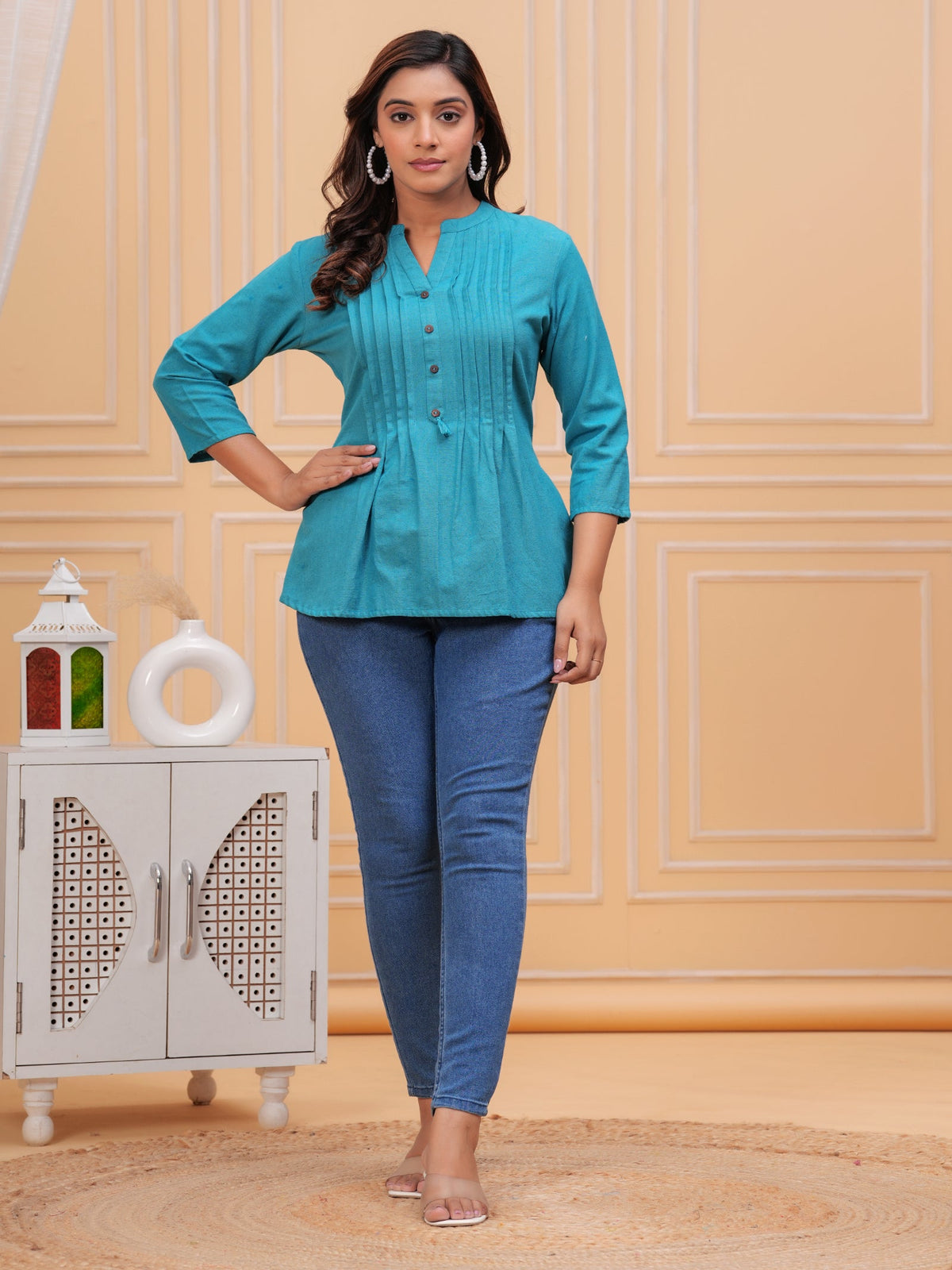 Rangvastra Sky Blue, Turquoise & Pink Cotton Flex Top