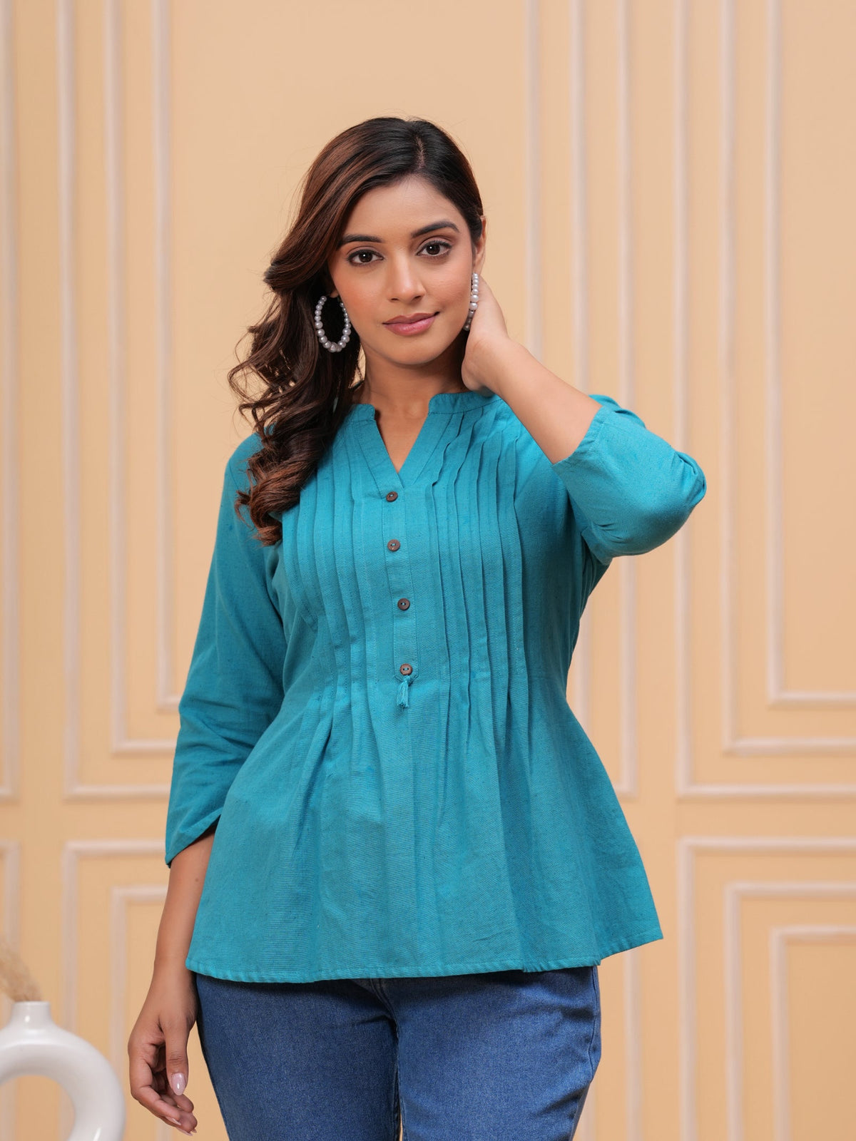 Rangvastra Sky Blue, Turquoise & Pink Cotton Flex Top