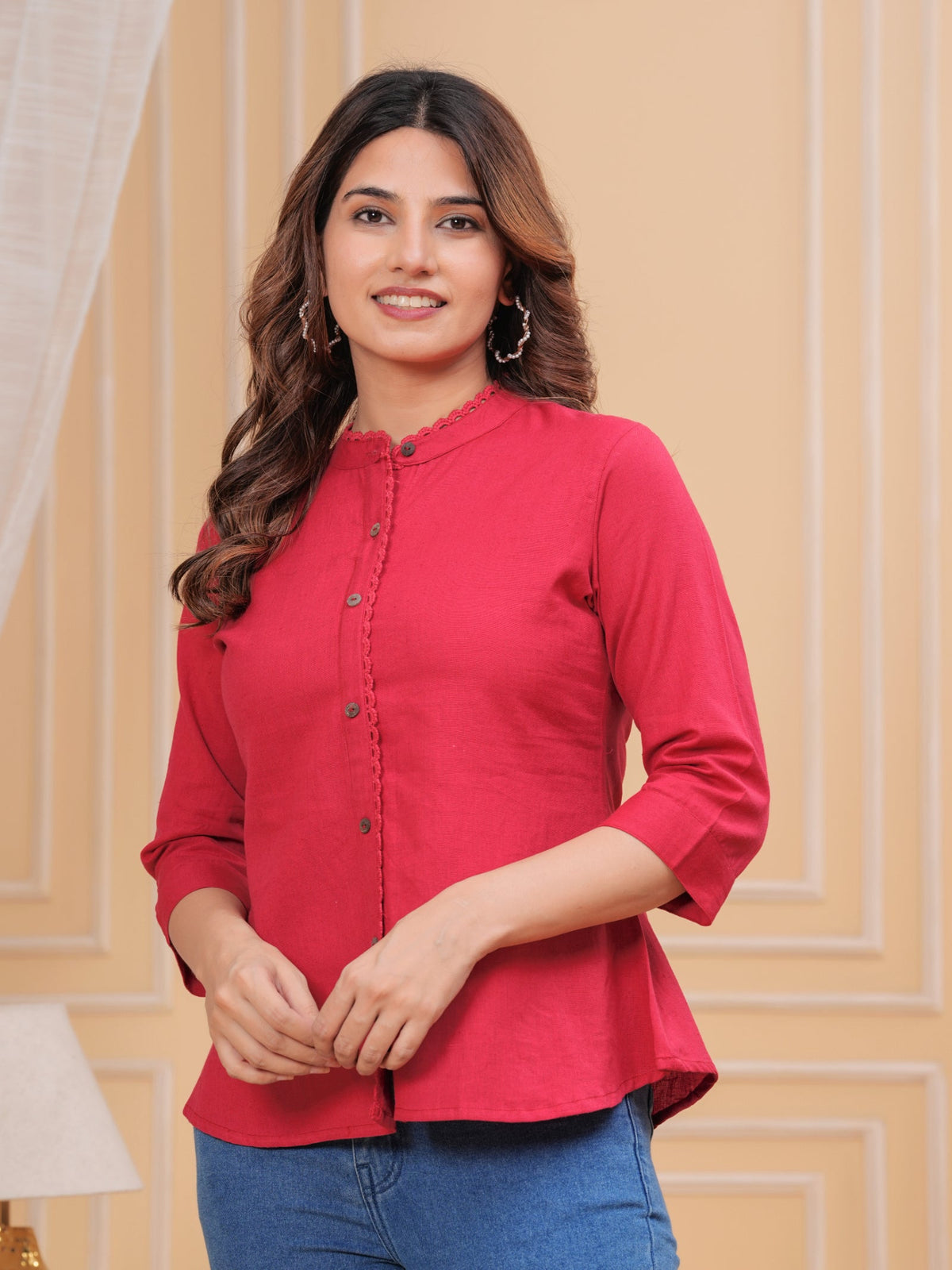 Rangvastra Red, Dark Green & Maroon Front Slit Cotton Top