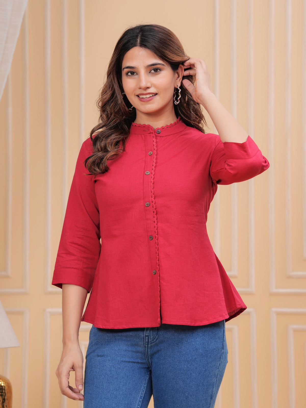 Rangvastra Red, Dark Green & Maroon Front Slit Cotton Top