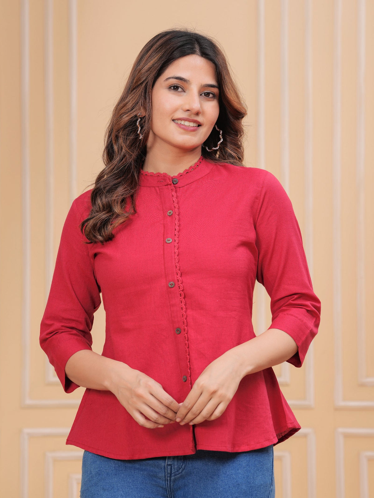 Rangvastra Red, Dark Green & Maroon Front Slit Cotton Top