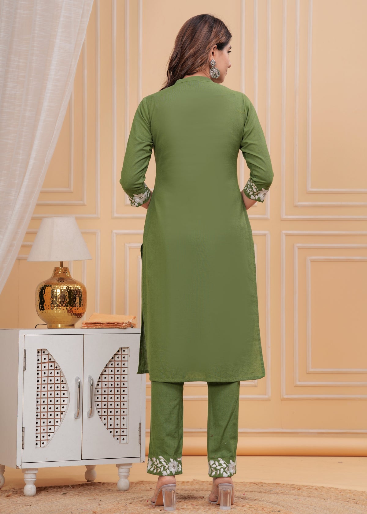 Rangvastra Green Cotton Blend Embroidered Kurta Pant Set