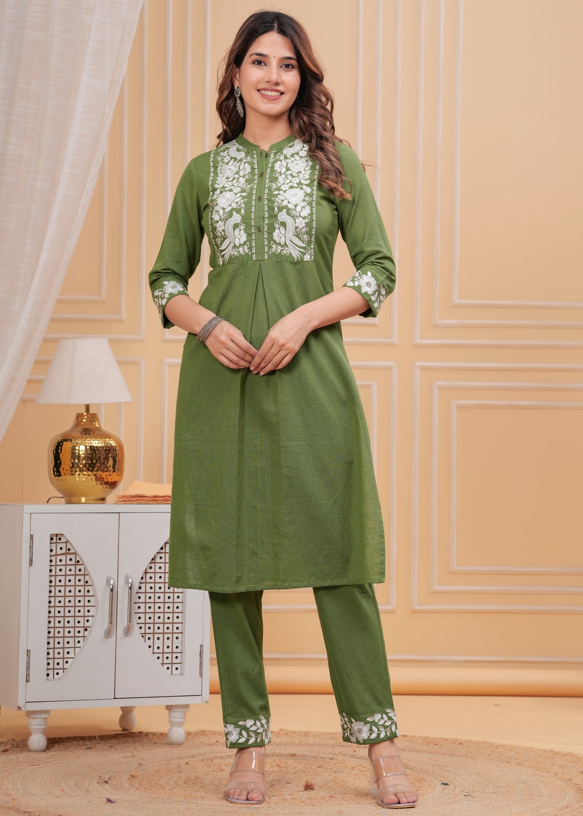 Rangvastra Green Cotton Blend Embroidered Kurta Pant Set