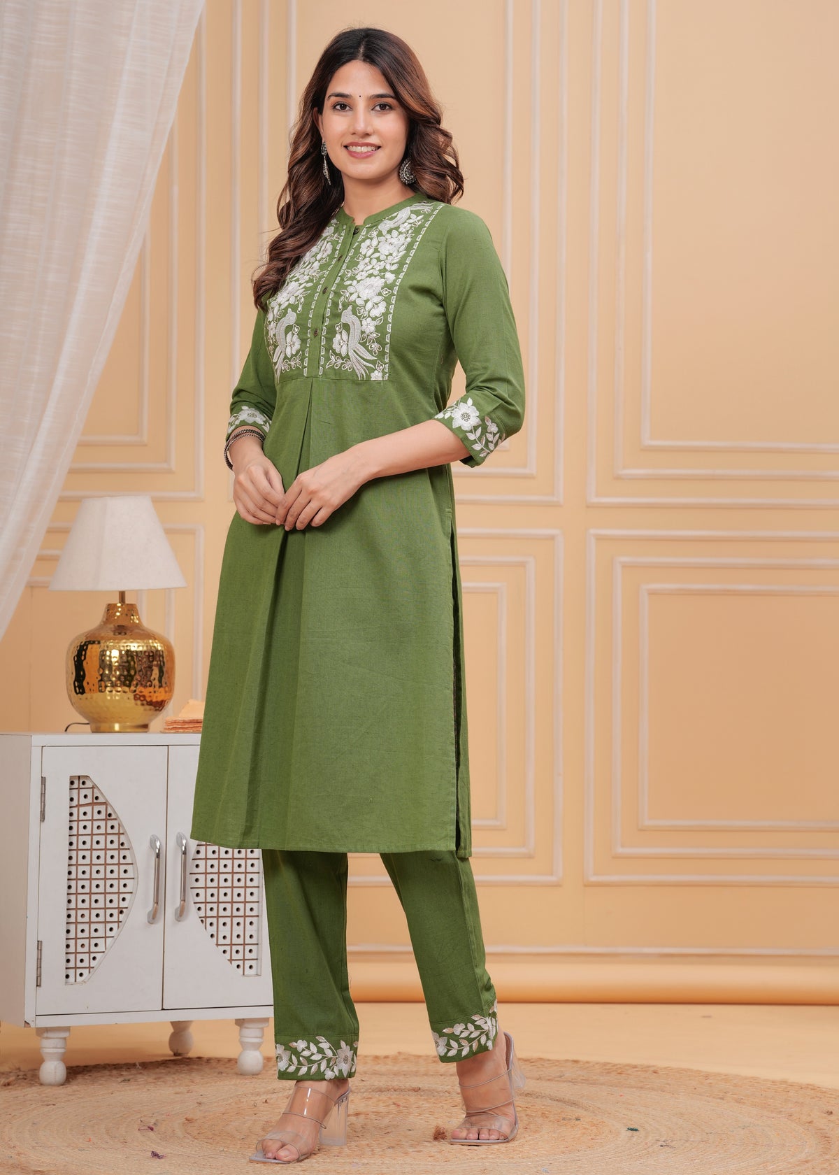Rangvastra Green Cotton Blend Embroidered Kurta Pant Set