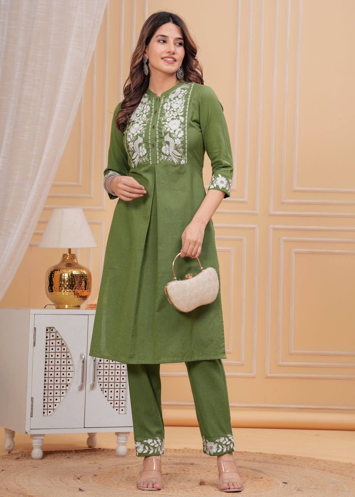 Rangvastra Green Cotton Blend Embroidered Kurta Pant Set