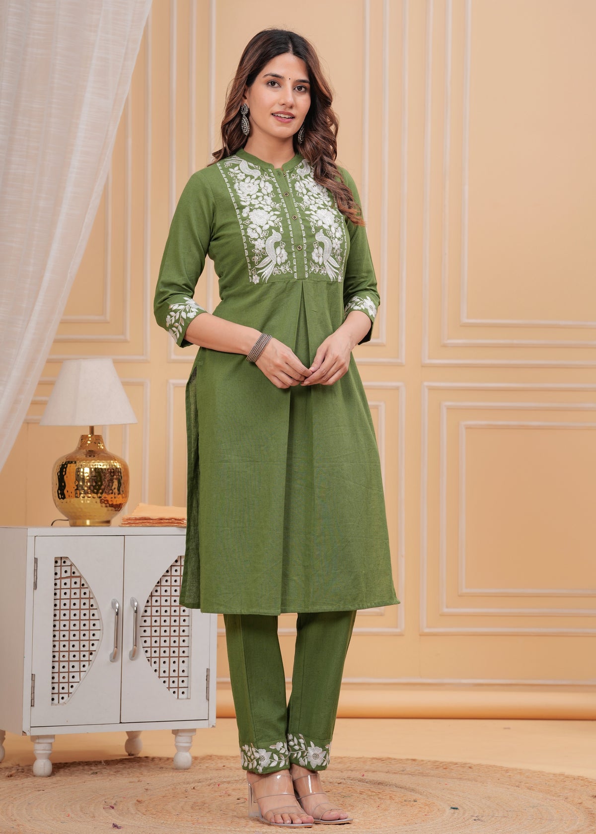 Rangvastra Green Cotton Blend Embroidered Kurta Pant Set