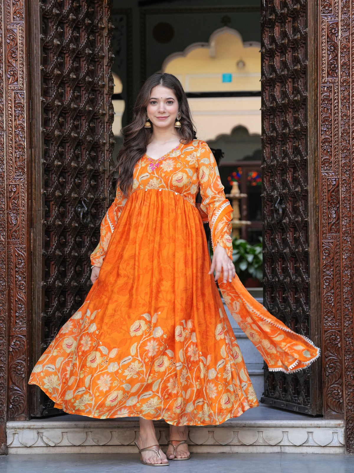 Rangvastra Orange Chinon Floral PrintedGown With Dupatta Set