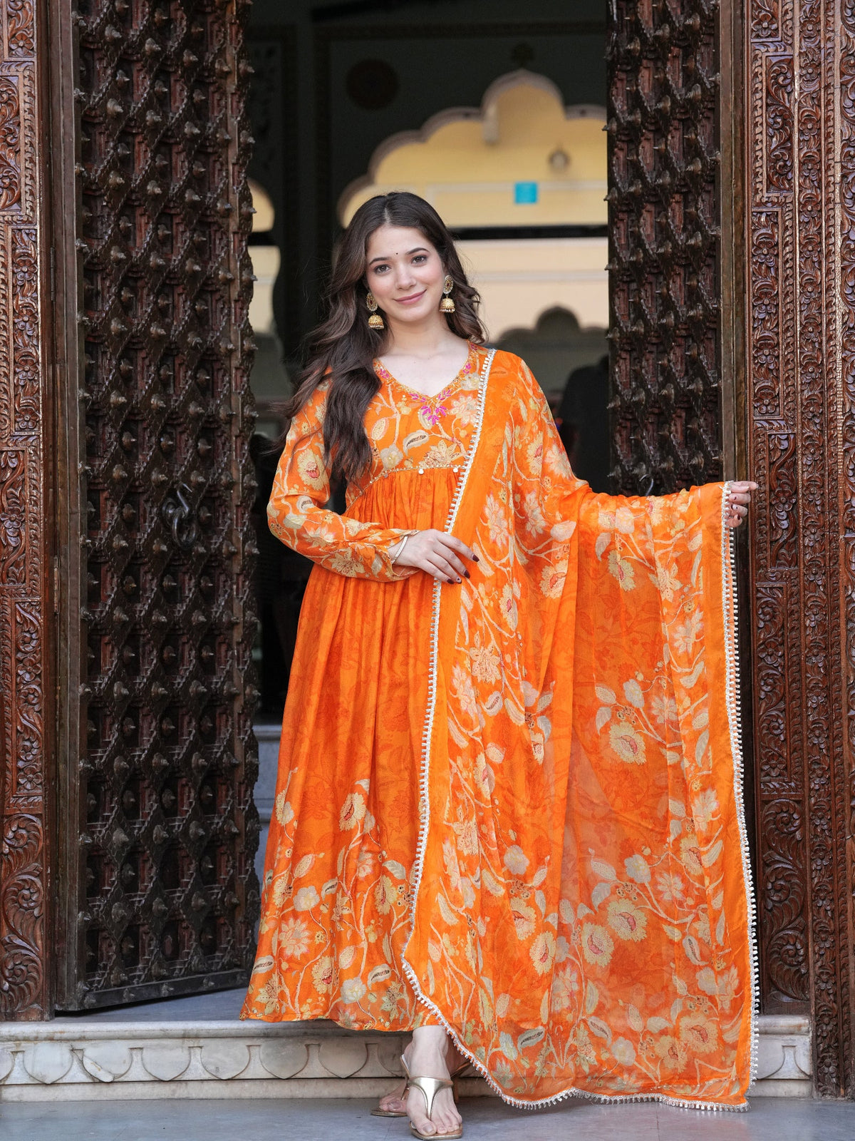 Rangvastra Orange Chinon Floral PrintedGown With Dupatta Set