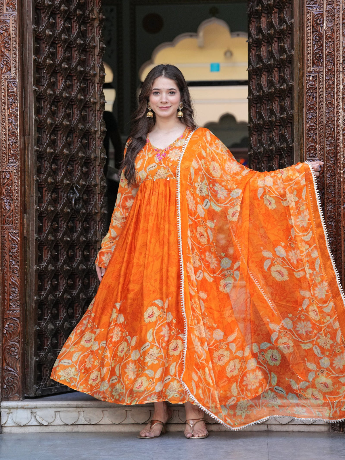 Rangvastra Orange Chinon Floral PrintedGown With Dupatta Set