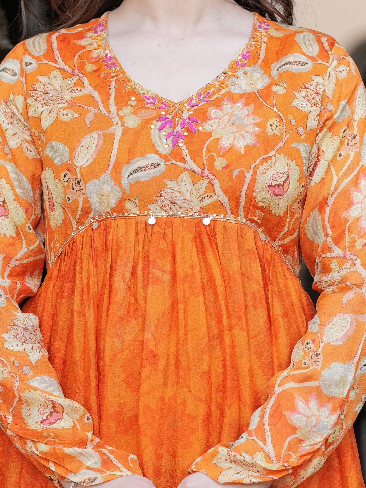 Rangvastra Orange Chinon Floral PrintedGown With Dupatta Set