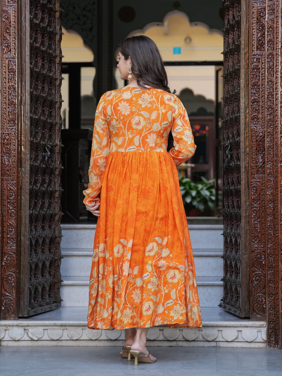 Rangvastra Orange Chinon Floral PrintedGown With Dupatta Set