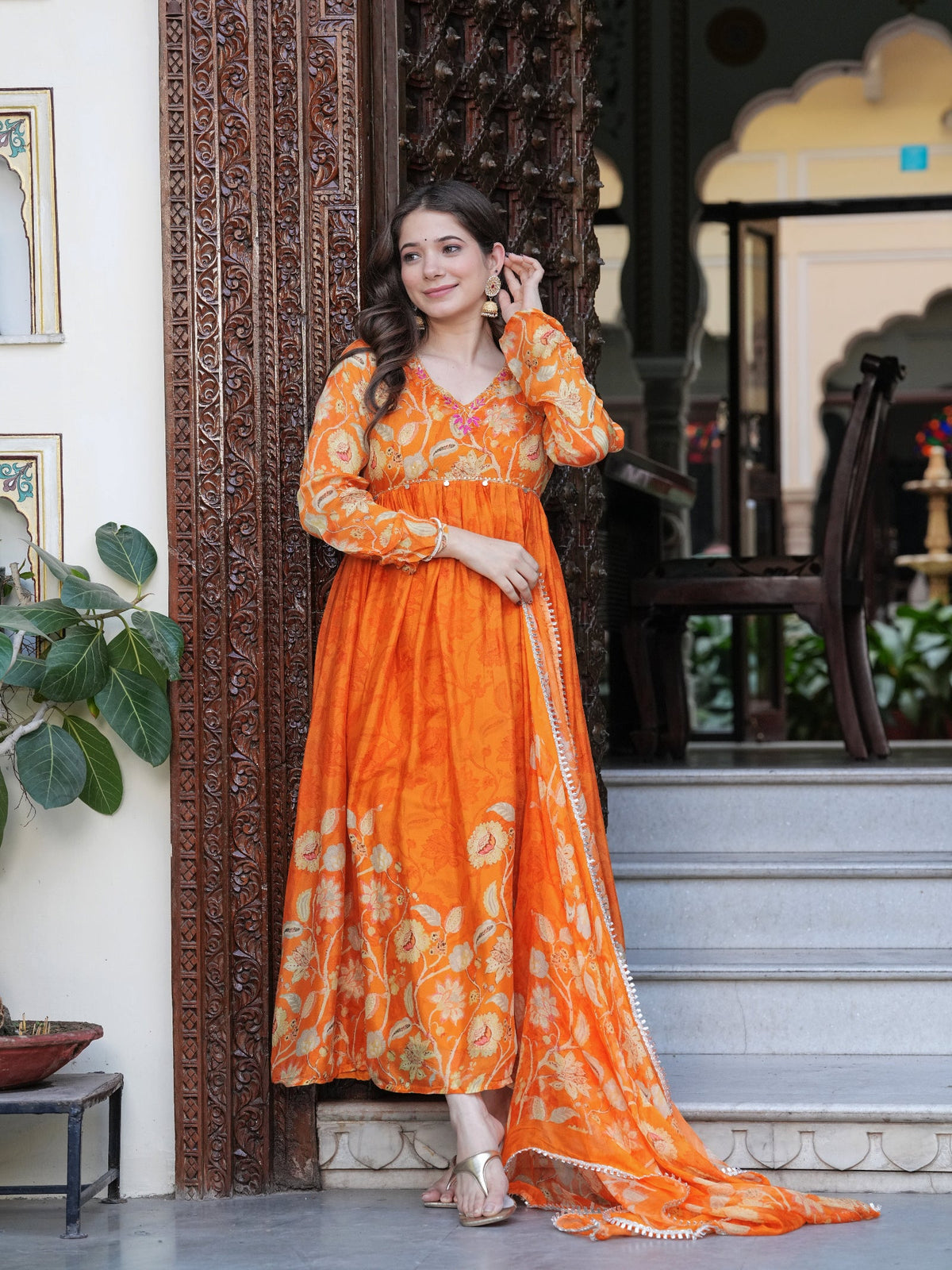 Rangvastra Orange Chinon Floral PrintedGown With Dupatta Set