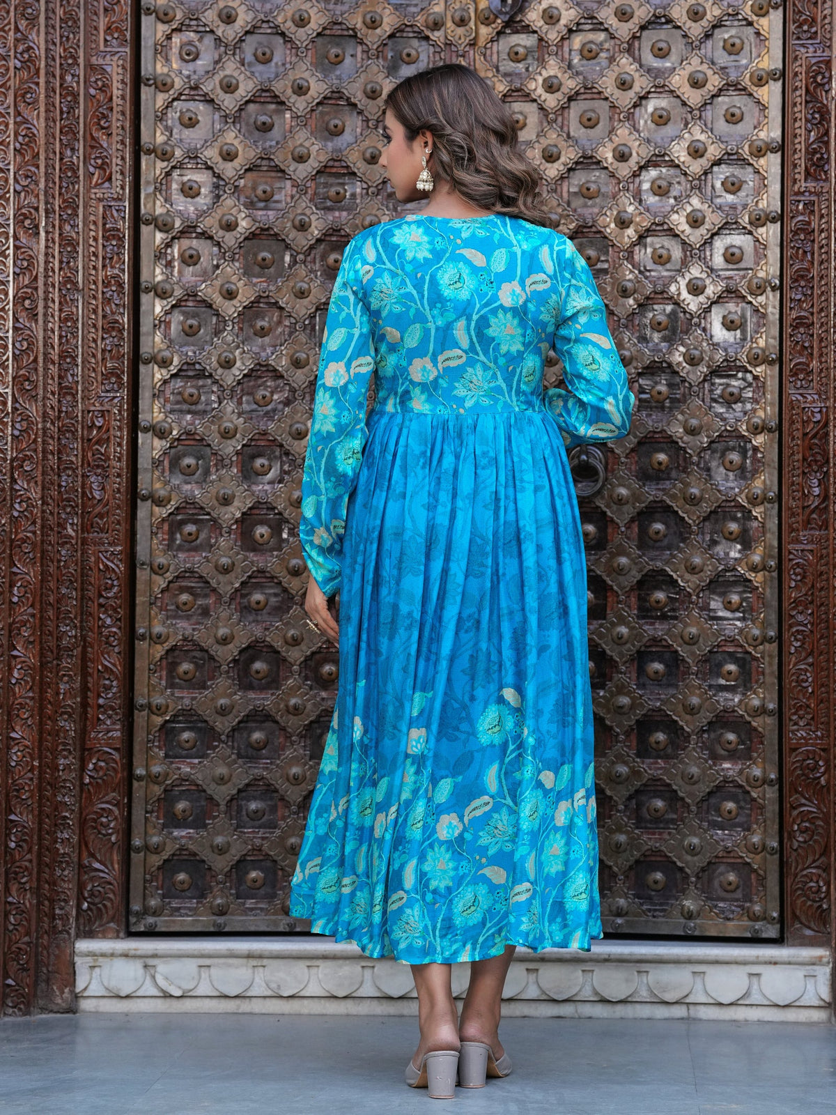 Rangvastra Blue Chinon Floral PrintedGown With Dupatta Set