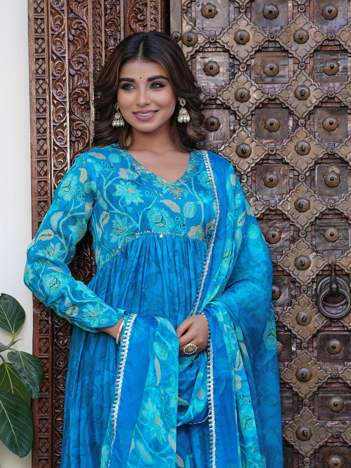 Rangvastra Blue Chinon Floral PrintedGown With Dupatta Set