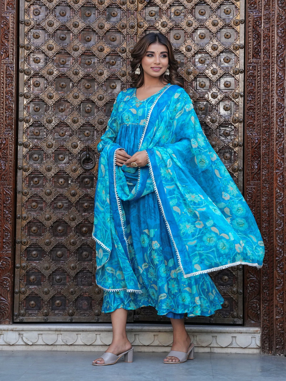 Rangvastra Blue Chinon Floral PrintedGown With Dupatta Set